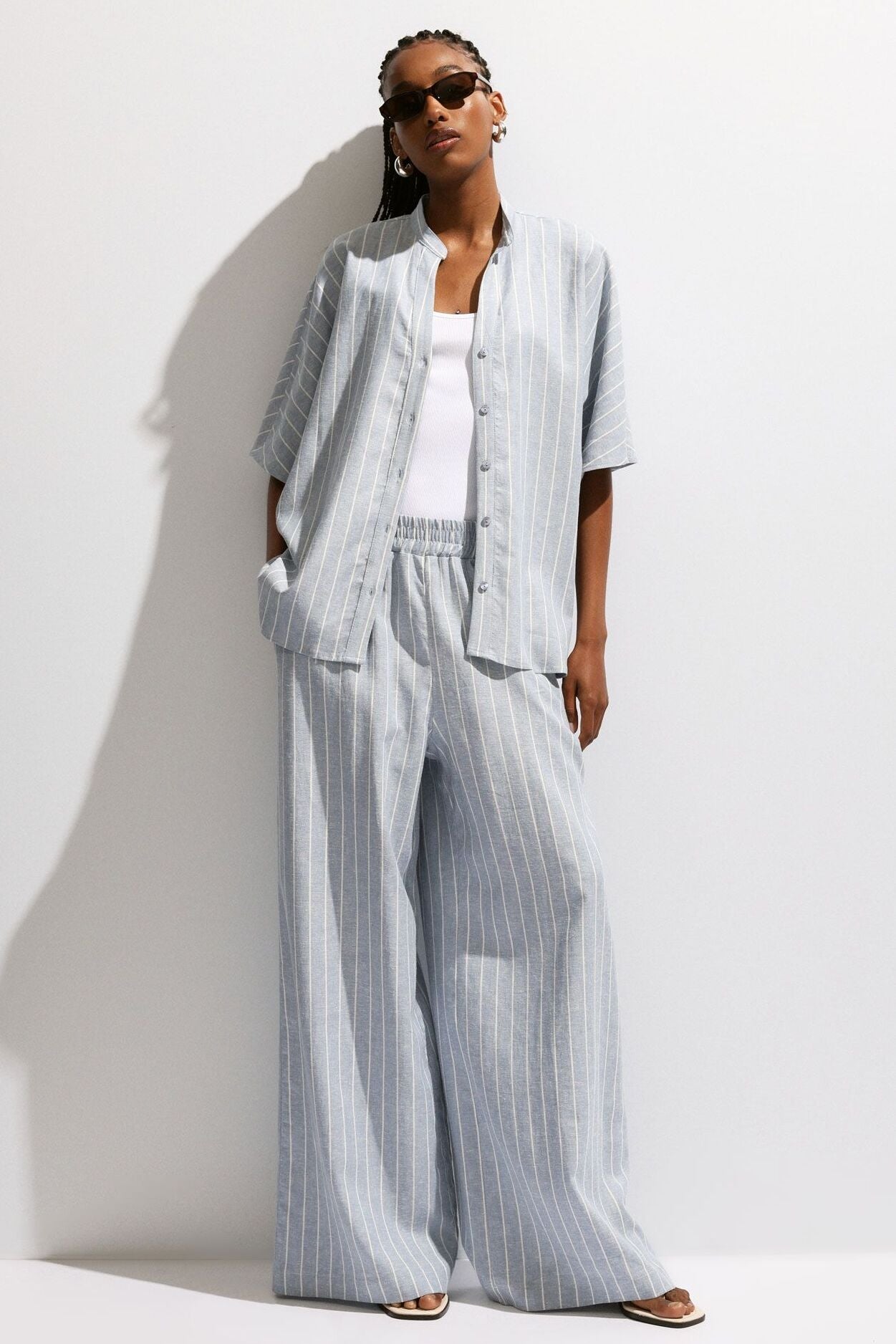 Please - Pantalone palazzo gessato con pinces ed elastico in vita