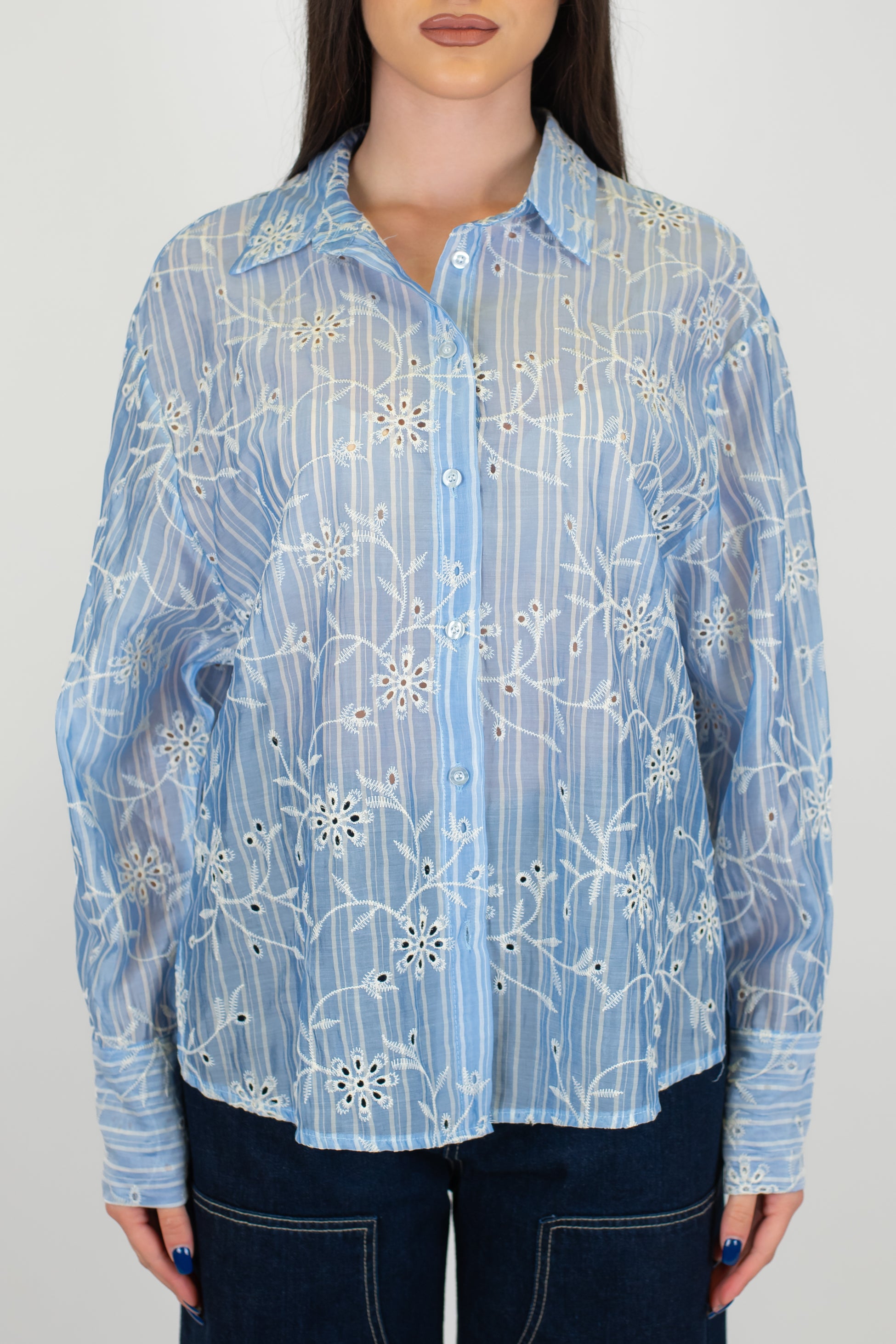 Haveone - Camicia a righe con fantasia floreale in pizzo