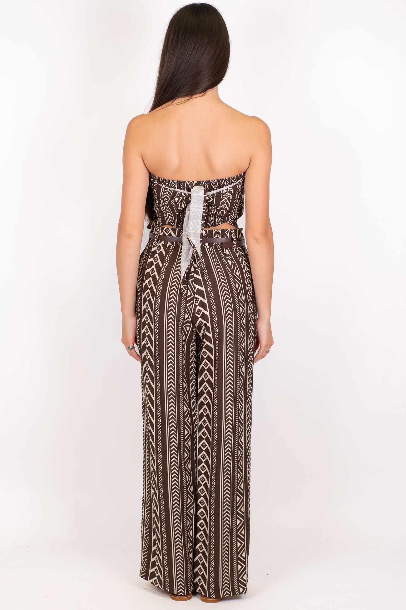 Haveone - Coordinato fantasia etnica con top a fascia con fiocco e pantalone palazzo con elastico sul retro