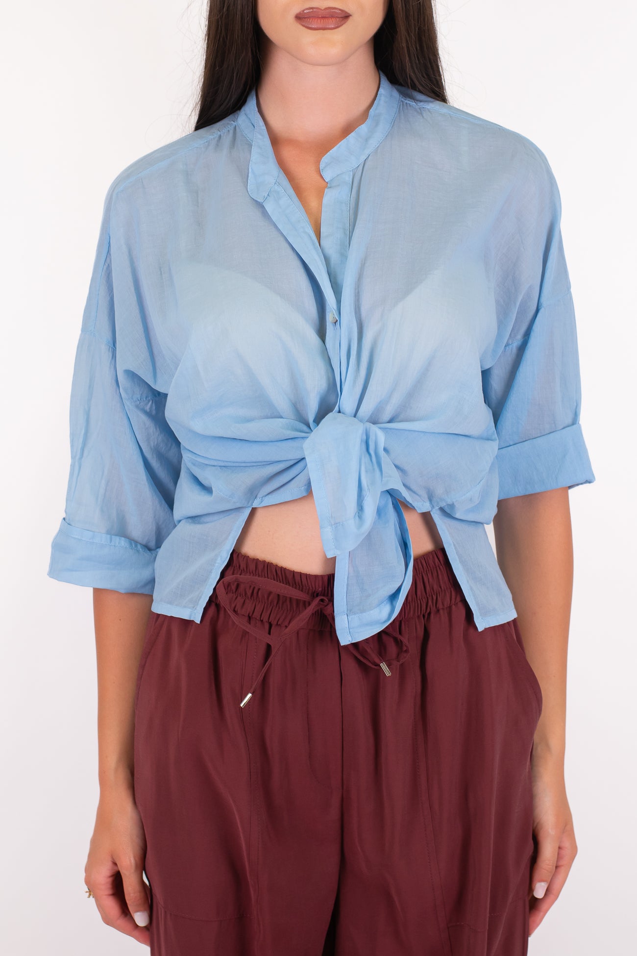 Haveone - Camicia mezzamanica in mussola di cotone con collo coreano