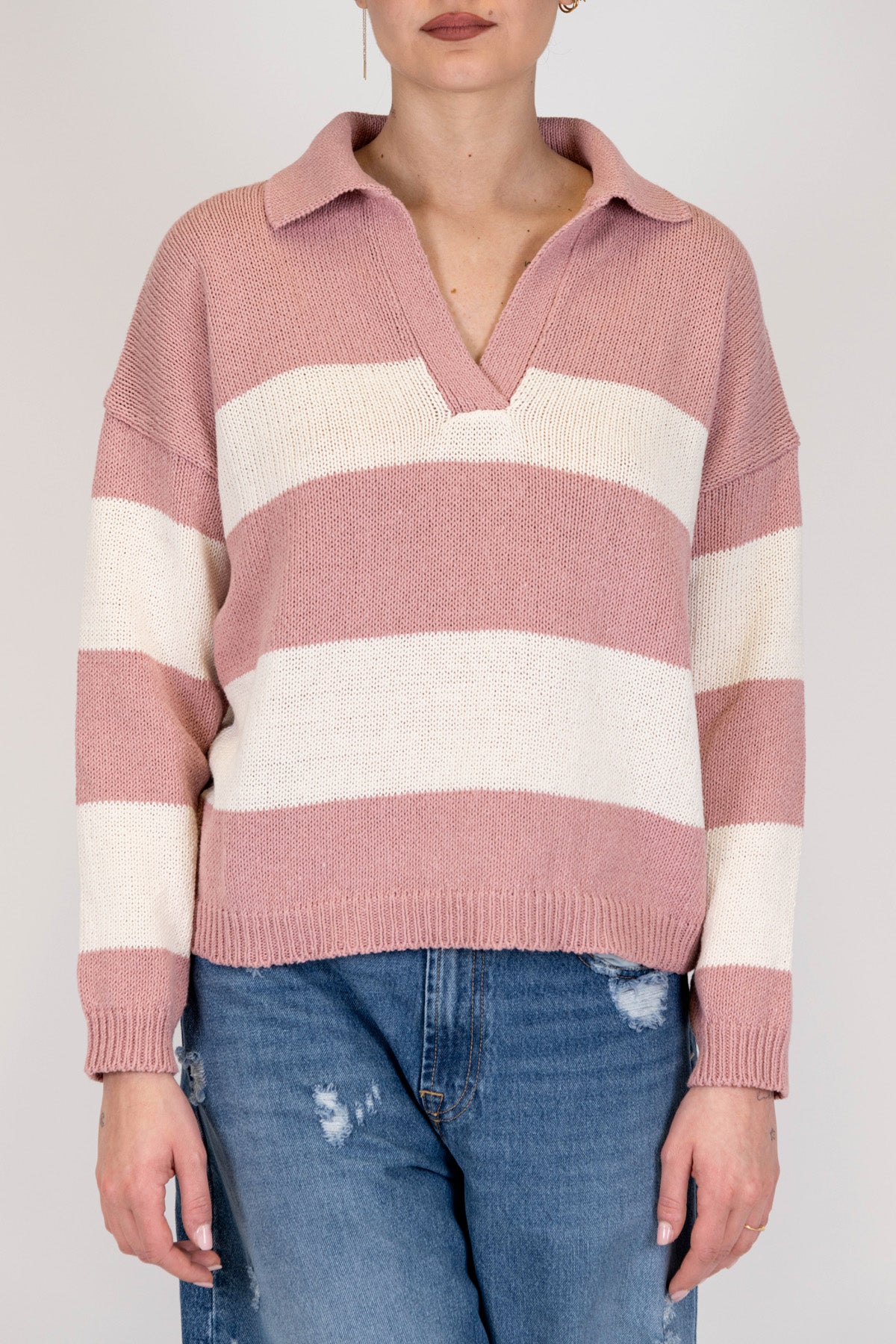 Maryley - Polo in maglia fantasia a righe ampie con scollo a V