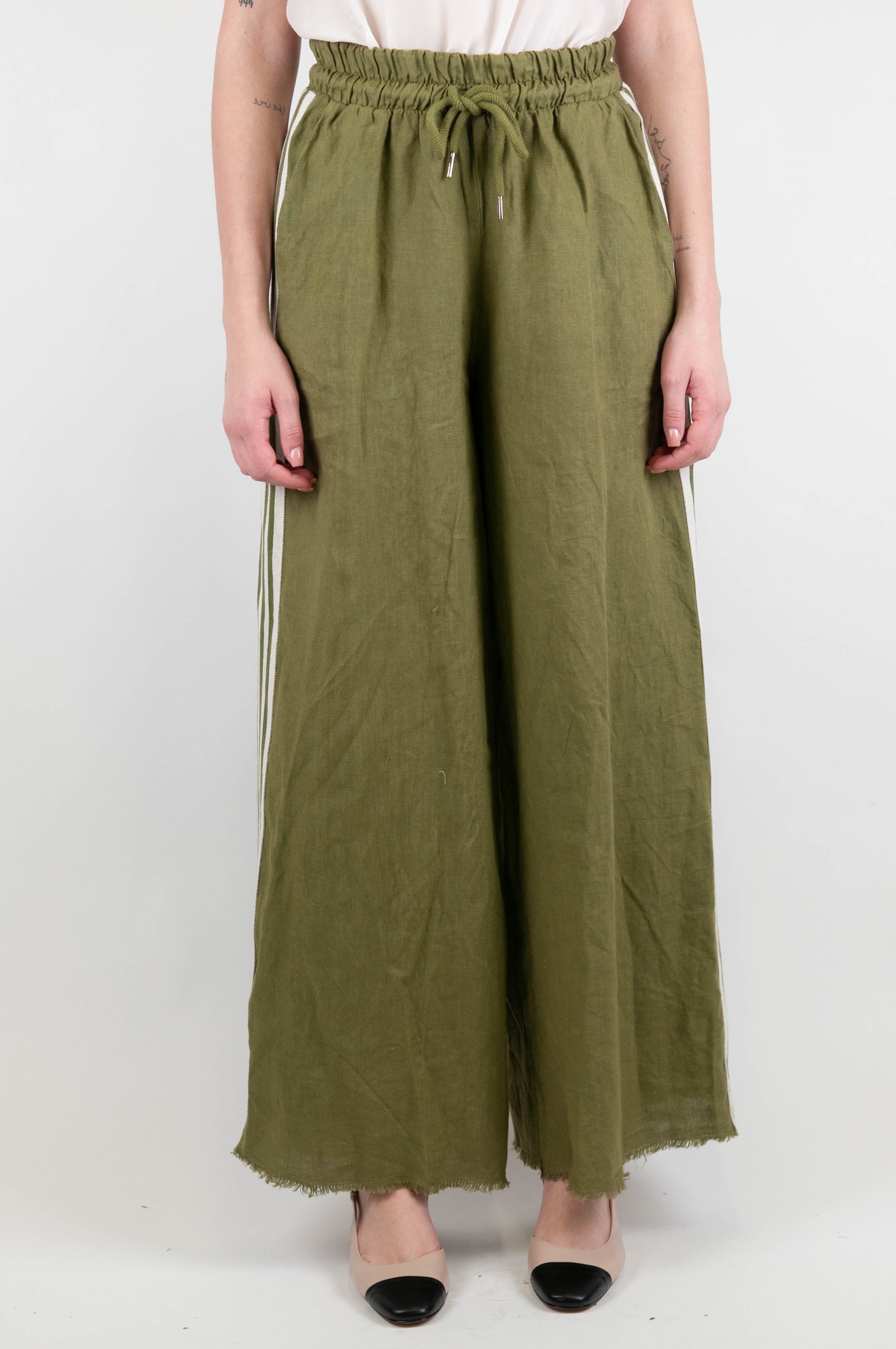 Motel - Pantalone palazzo in lino con coulisse e banda laterale