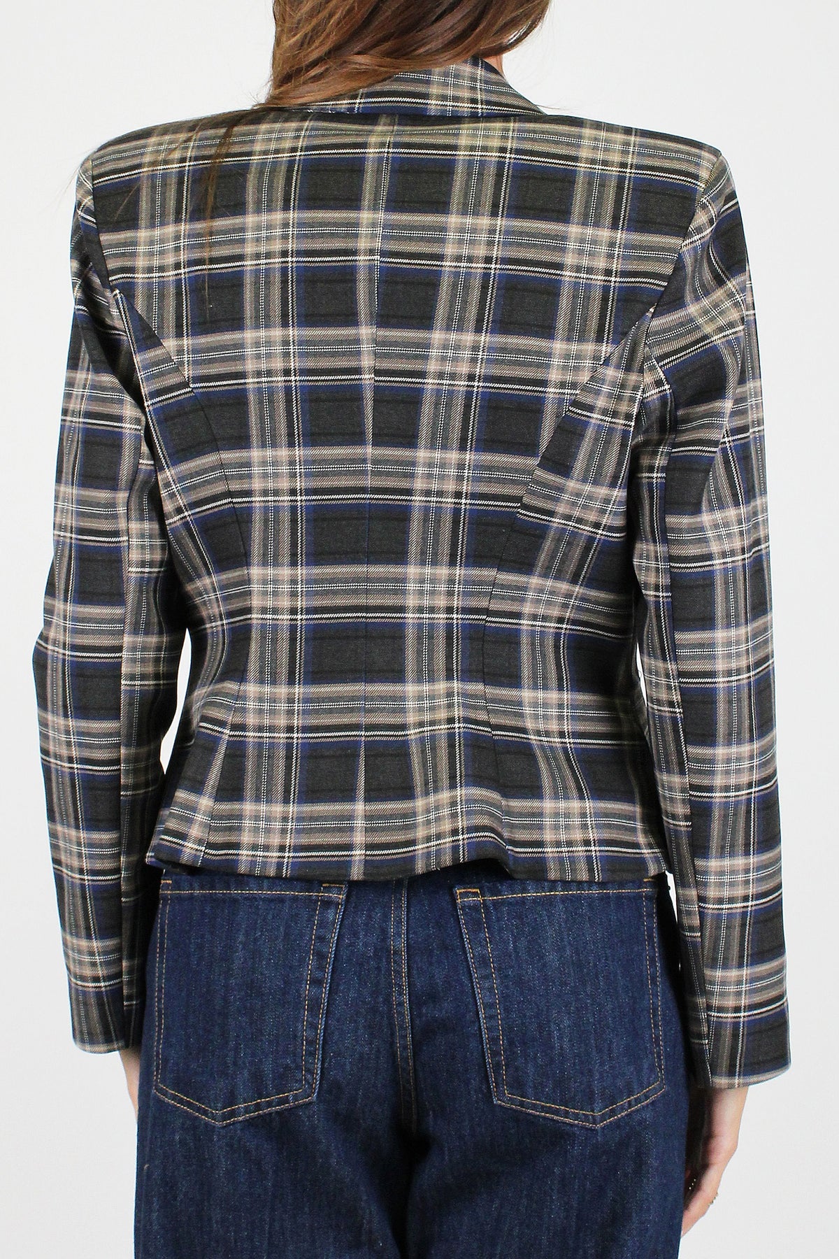Tensione in - Giacca crop fantasia check leggermente sfiancata con spalline