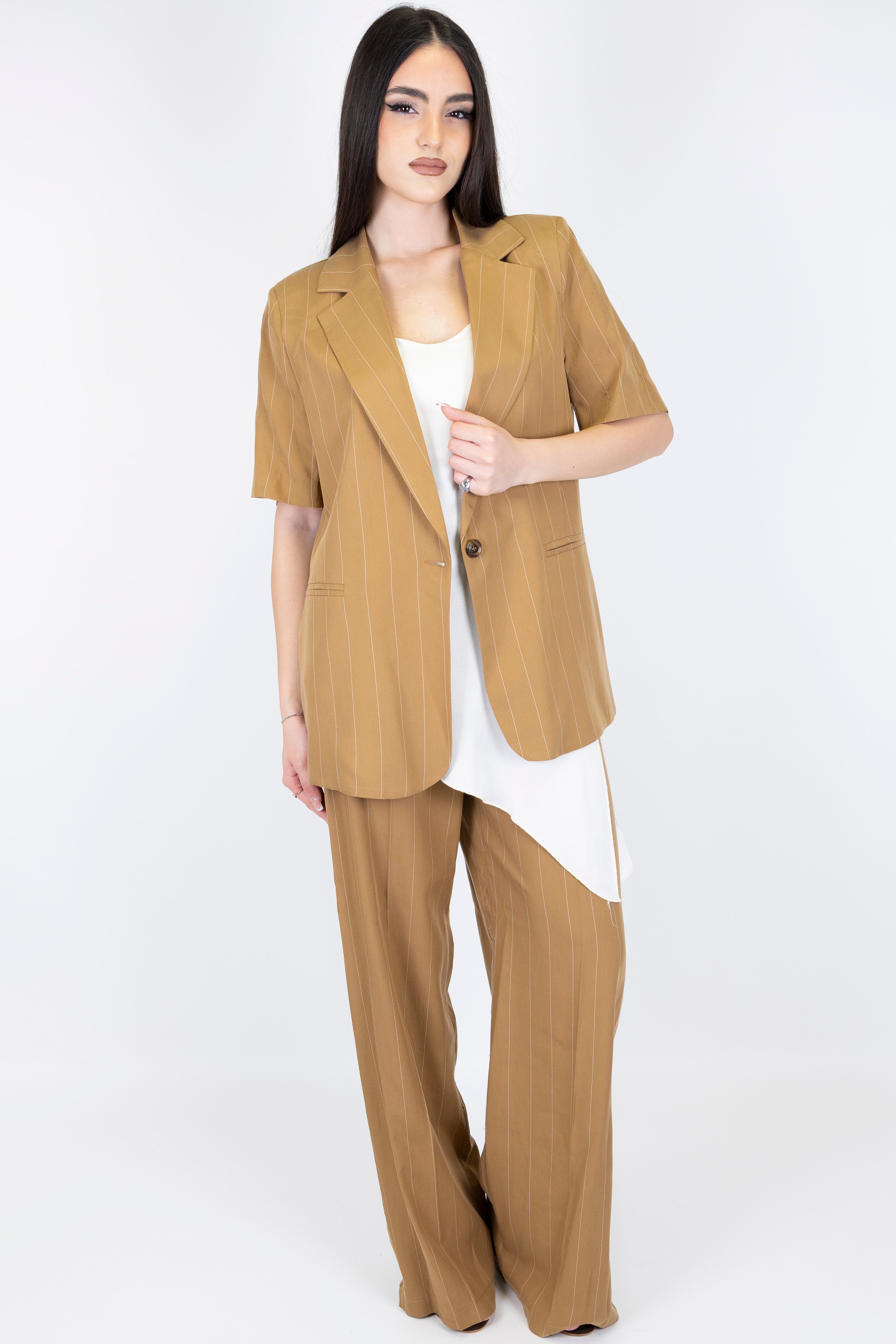 Haveone - Pantalone palazzo gessato in lyocell con elastico sul retro