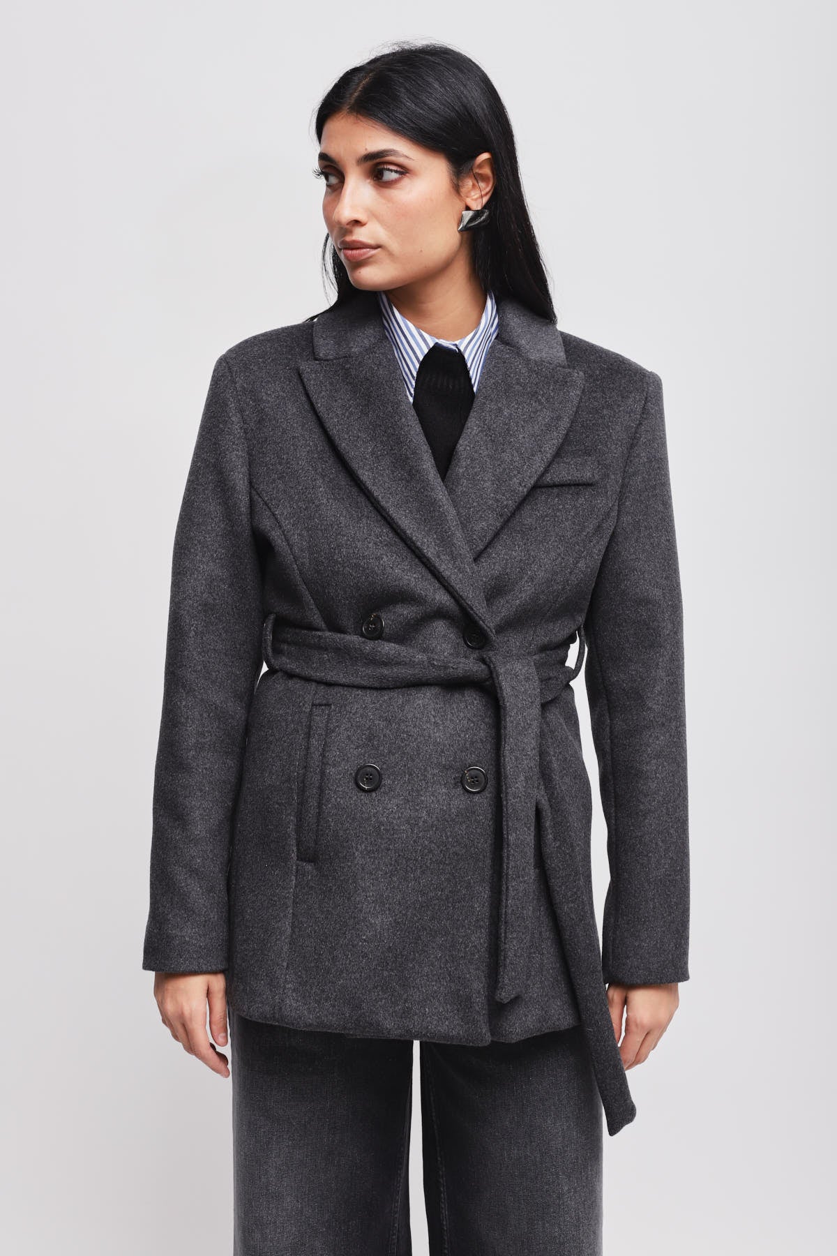 Maryley - Giacca doppiopetto tinta unita in misto lana con spalline e cintura in vita