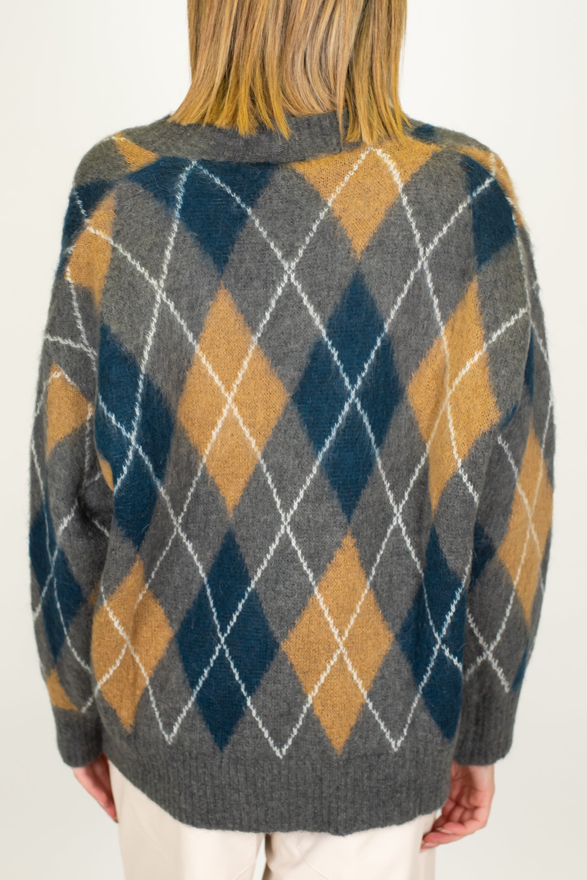 Tensione in - Cardigan over fantasia rombi a contrasto in misto lana