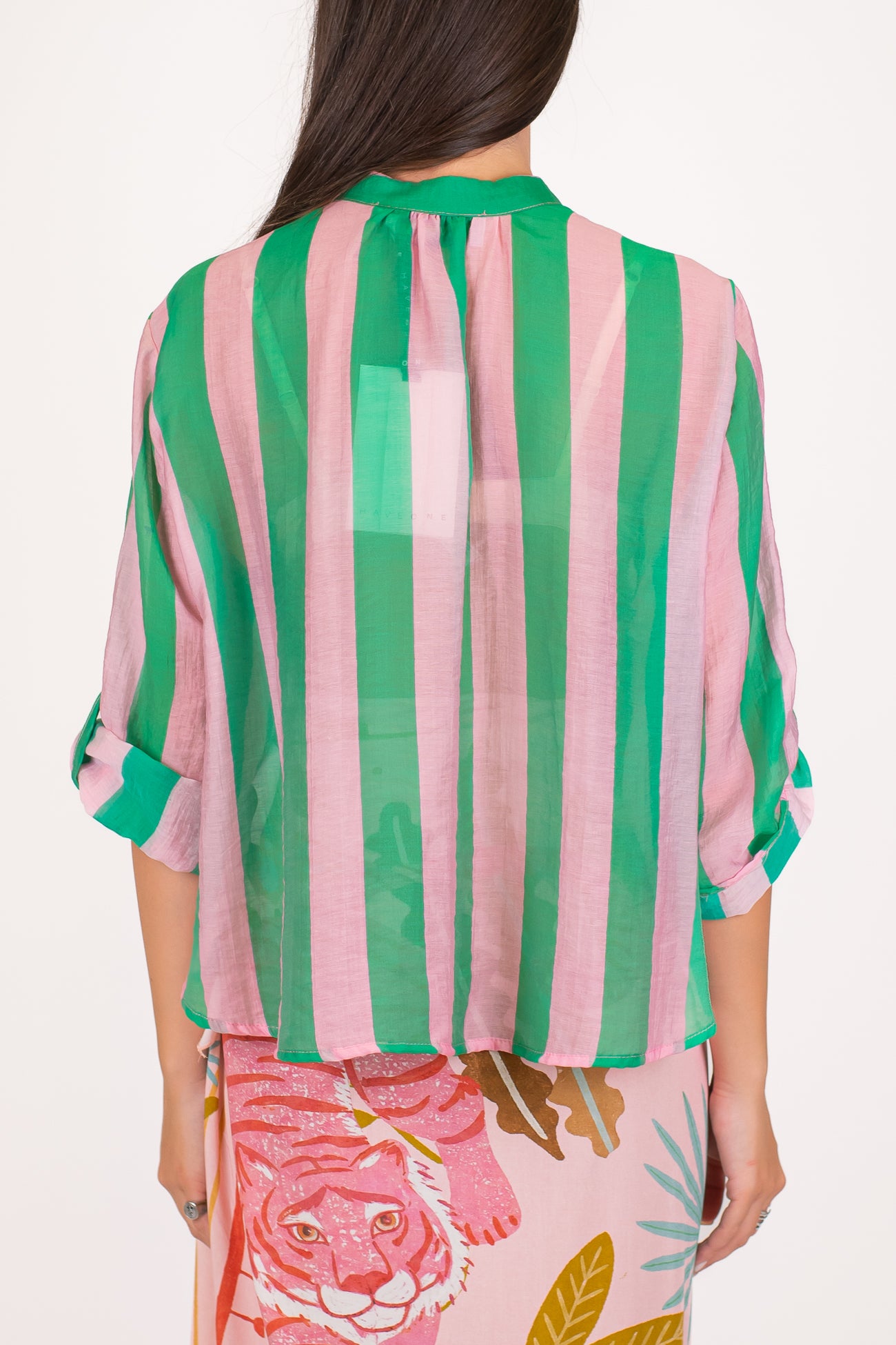 Haveone - Camicia fantasia a righe a contrasto in lyocell con manica tre quarti
