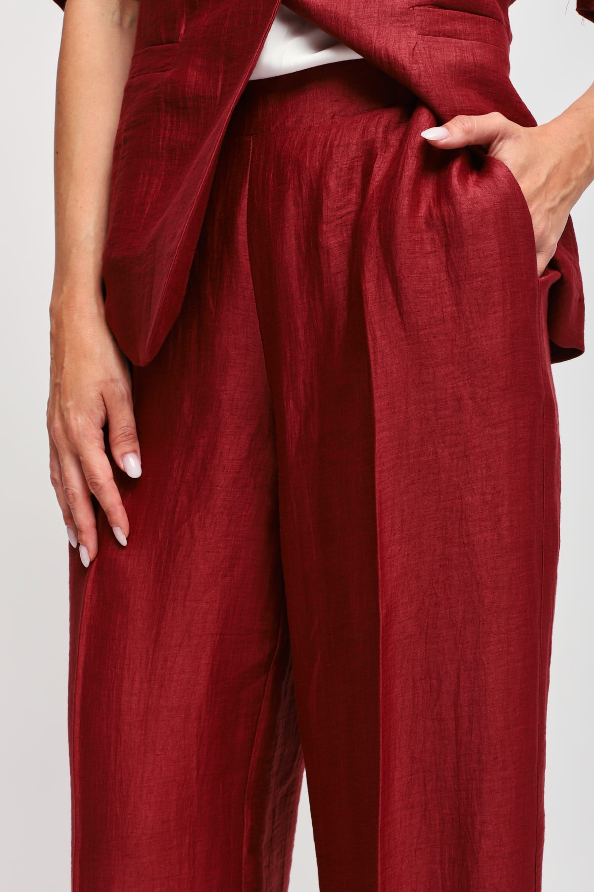 Mryley - Pantalone regular in lino con ricami ed elastico in vita