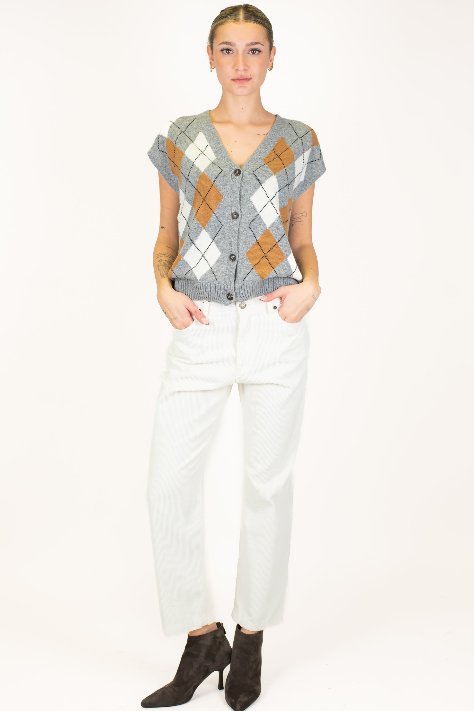 Tensione in - Gilet in maglia fantasia rombi a contrasto