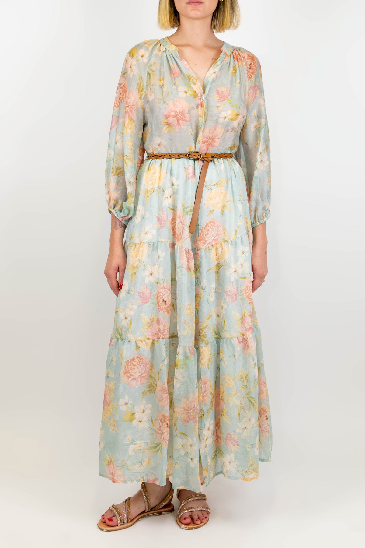 Tensione in - Chemisier fantasia floreale in lyocell con balze e collo coreano