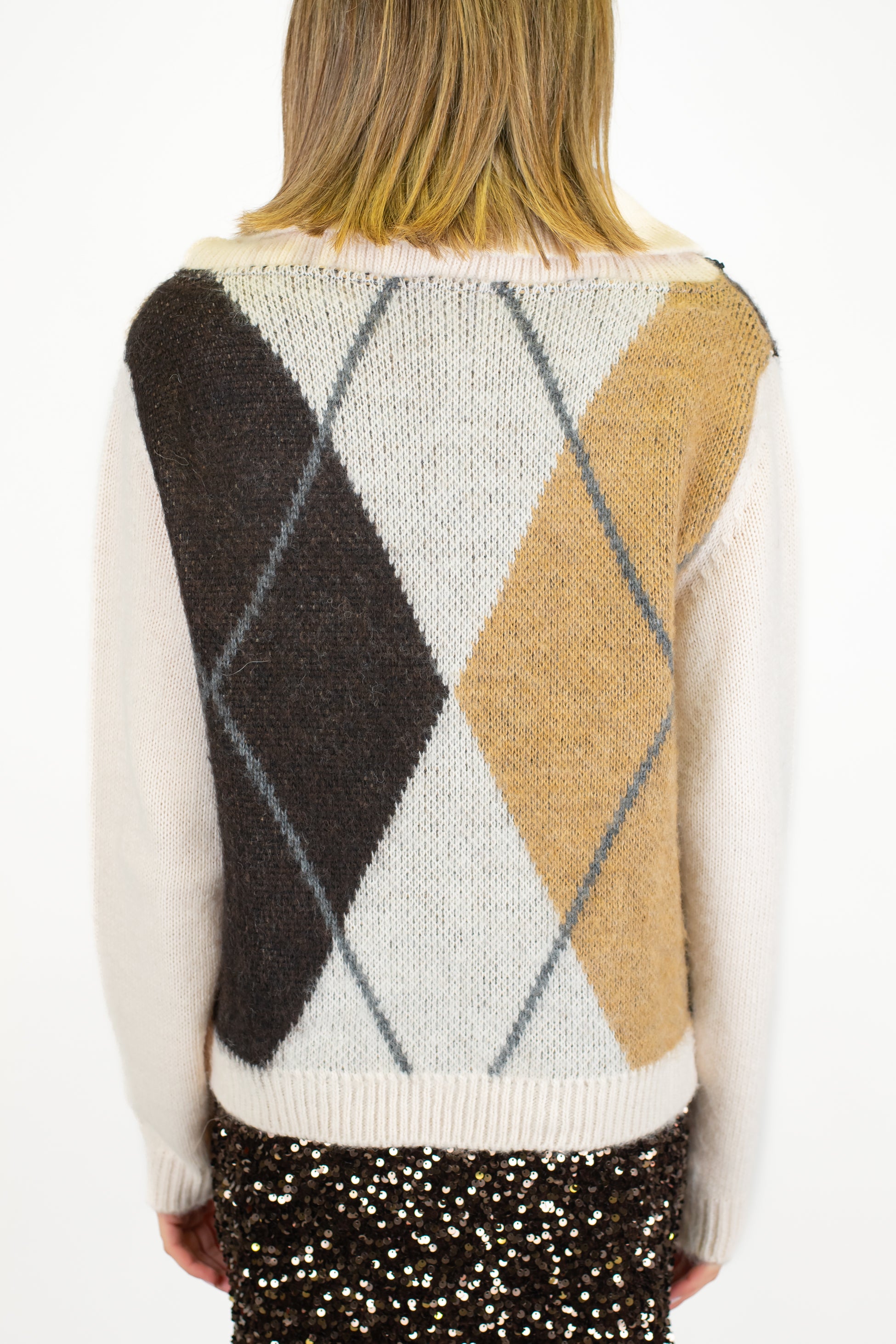 Maryley - Dolvevita con collo sciallato fantasia rombi a contrasto in misto lana