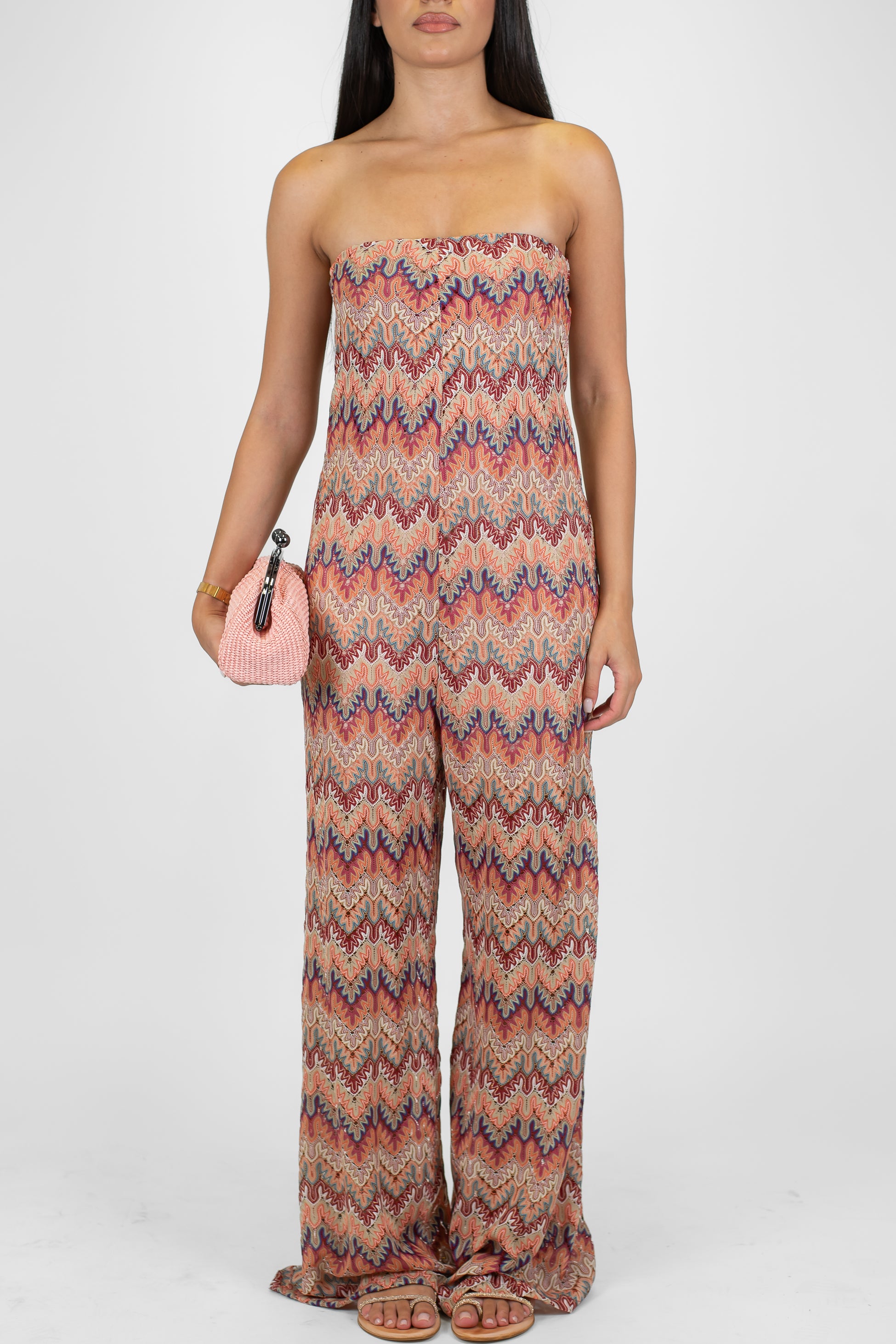 Tensione in - Tuta a fascia fantasia zig zag multicolor con pantalone palazzo