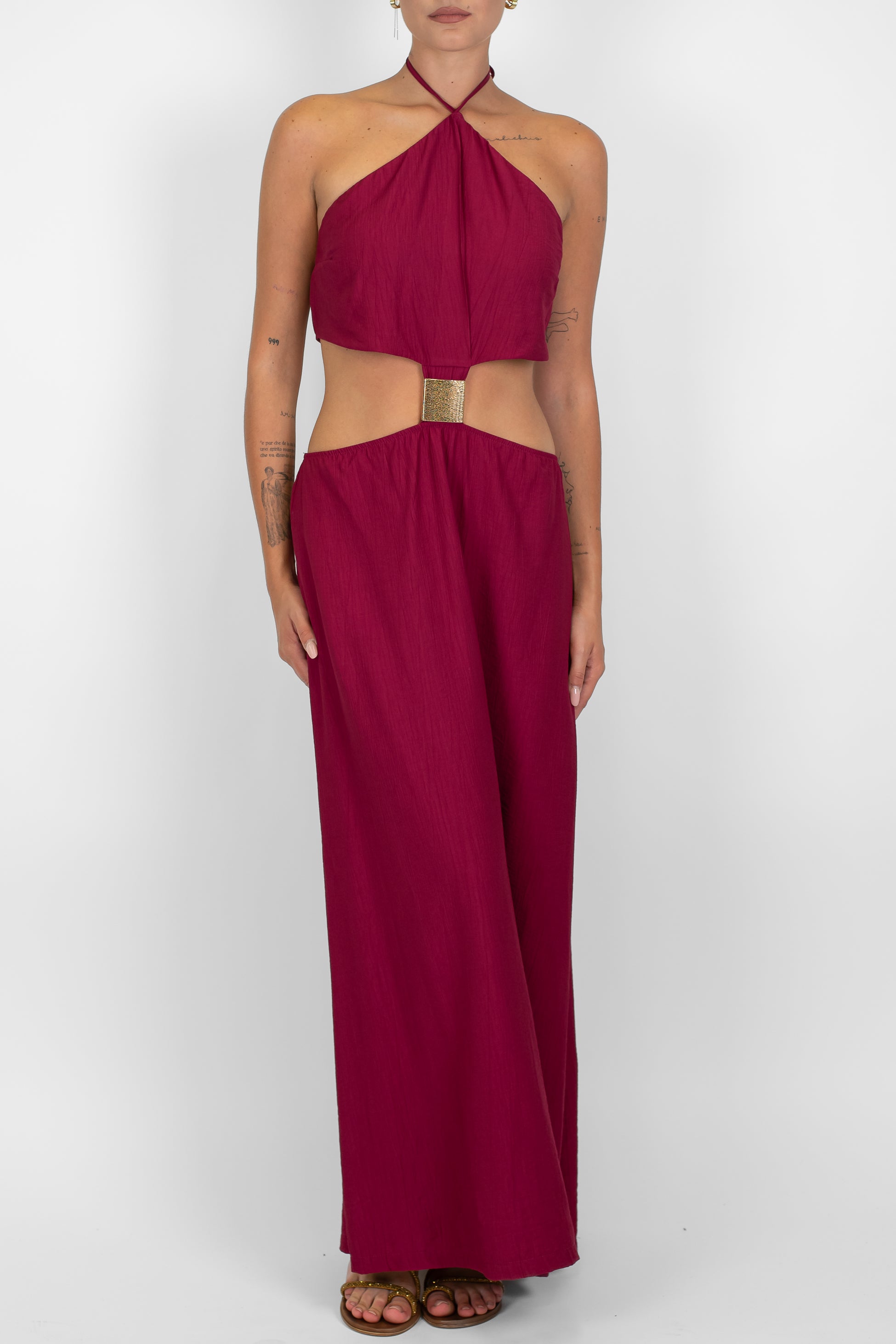 Haveone - Abito lungo cut-out con applicazioni in oro e allaccio al collo