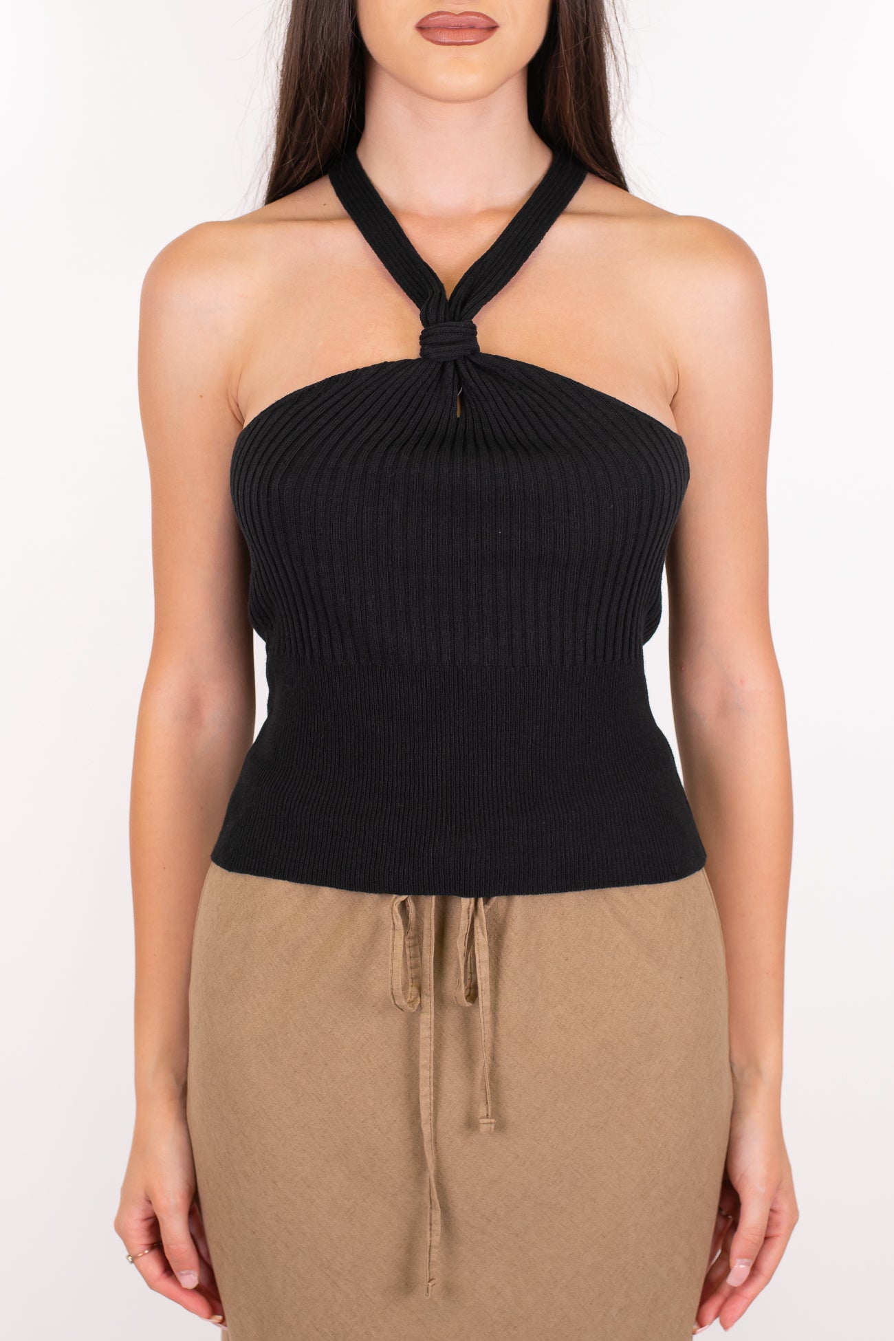 Dixie - Top a costine scollo americano con nodo centrale