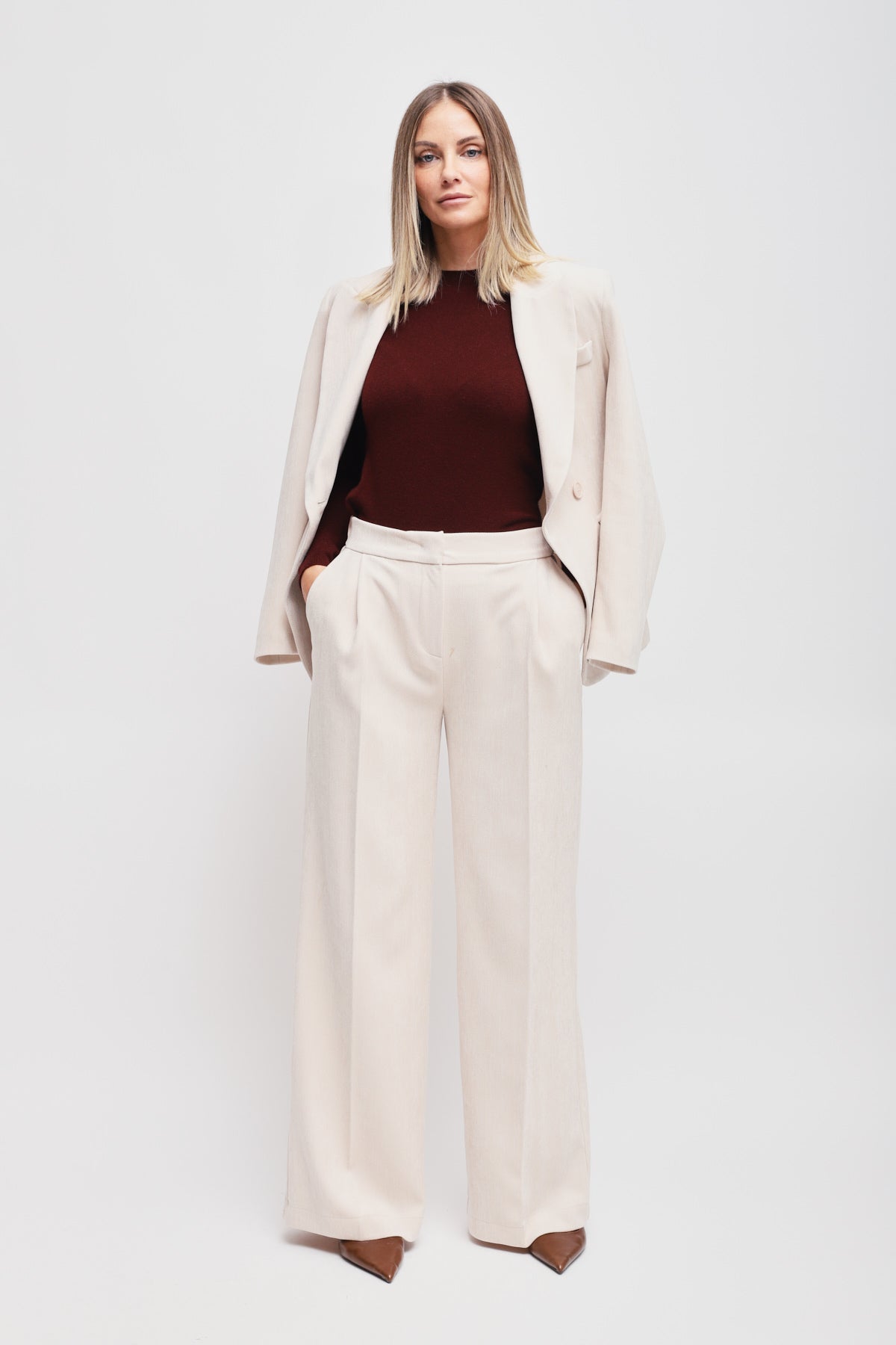 Maryley - Pantalone palazzo tessuto spigato in velluto con elastico sul retro