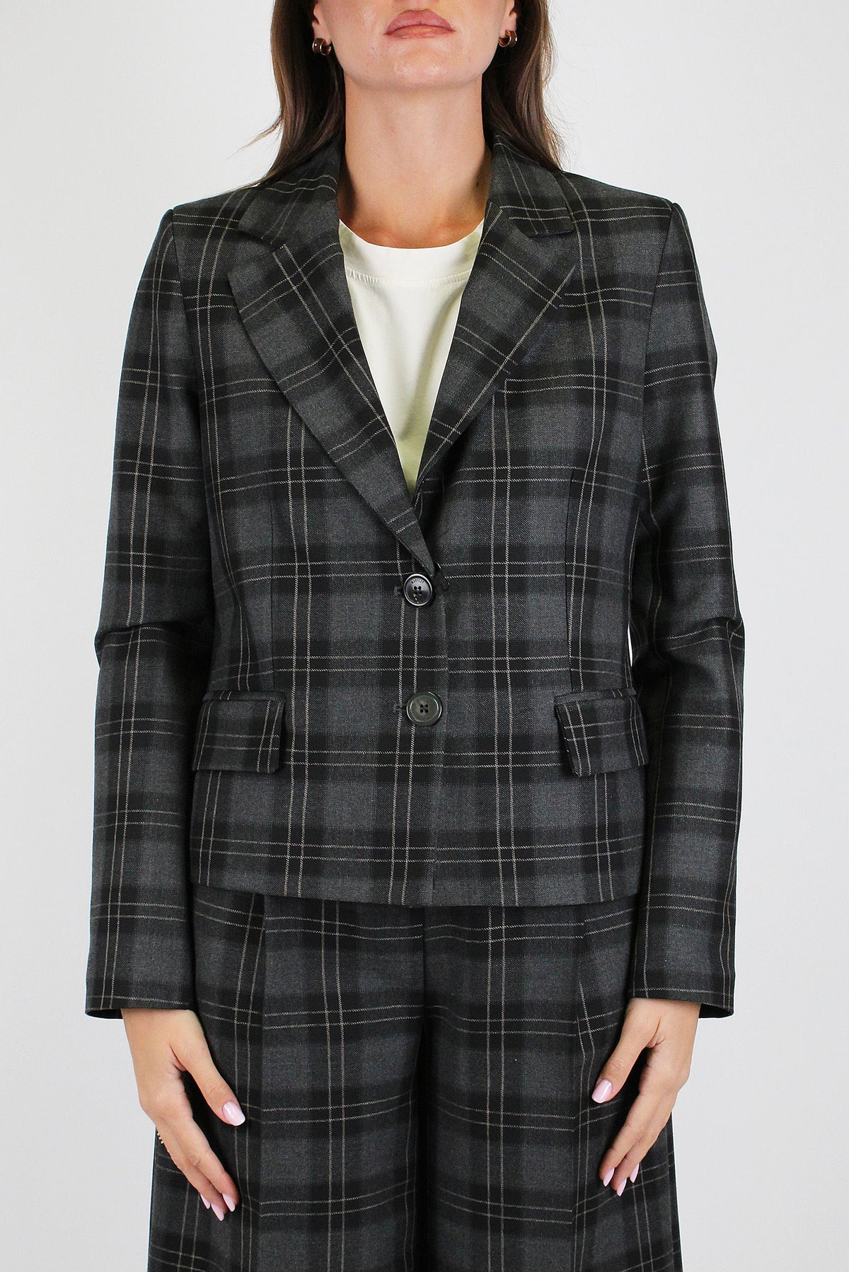 Maryley - Giacca crop fantasia check con pinces