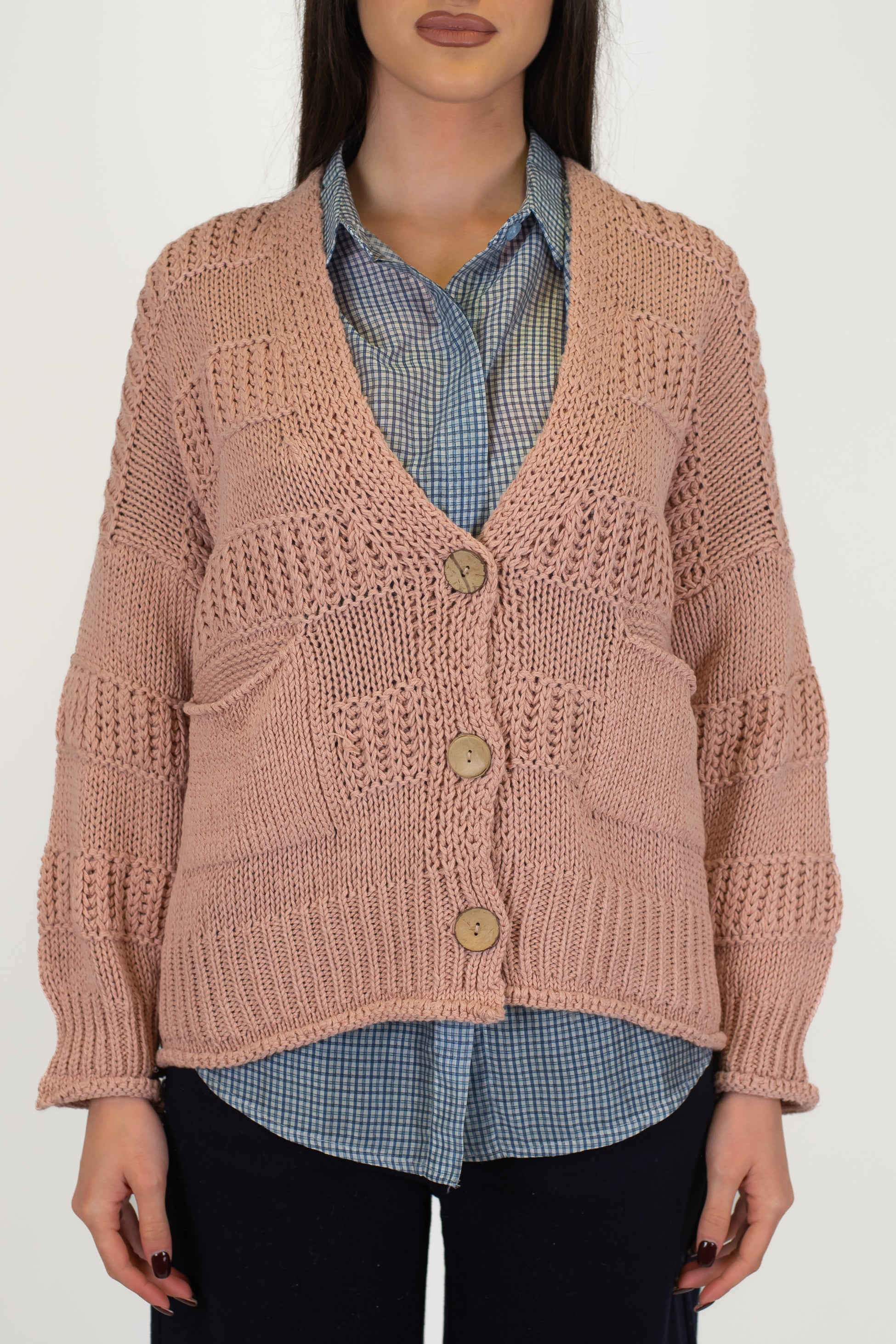 Haveone - Cardigan tre bottoni in filato leggero con bande in rilievo
