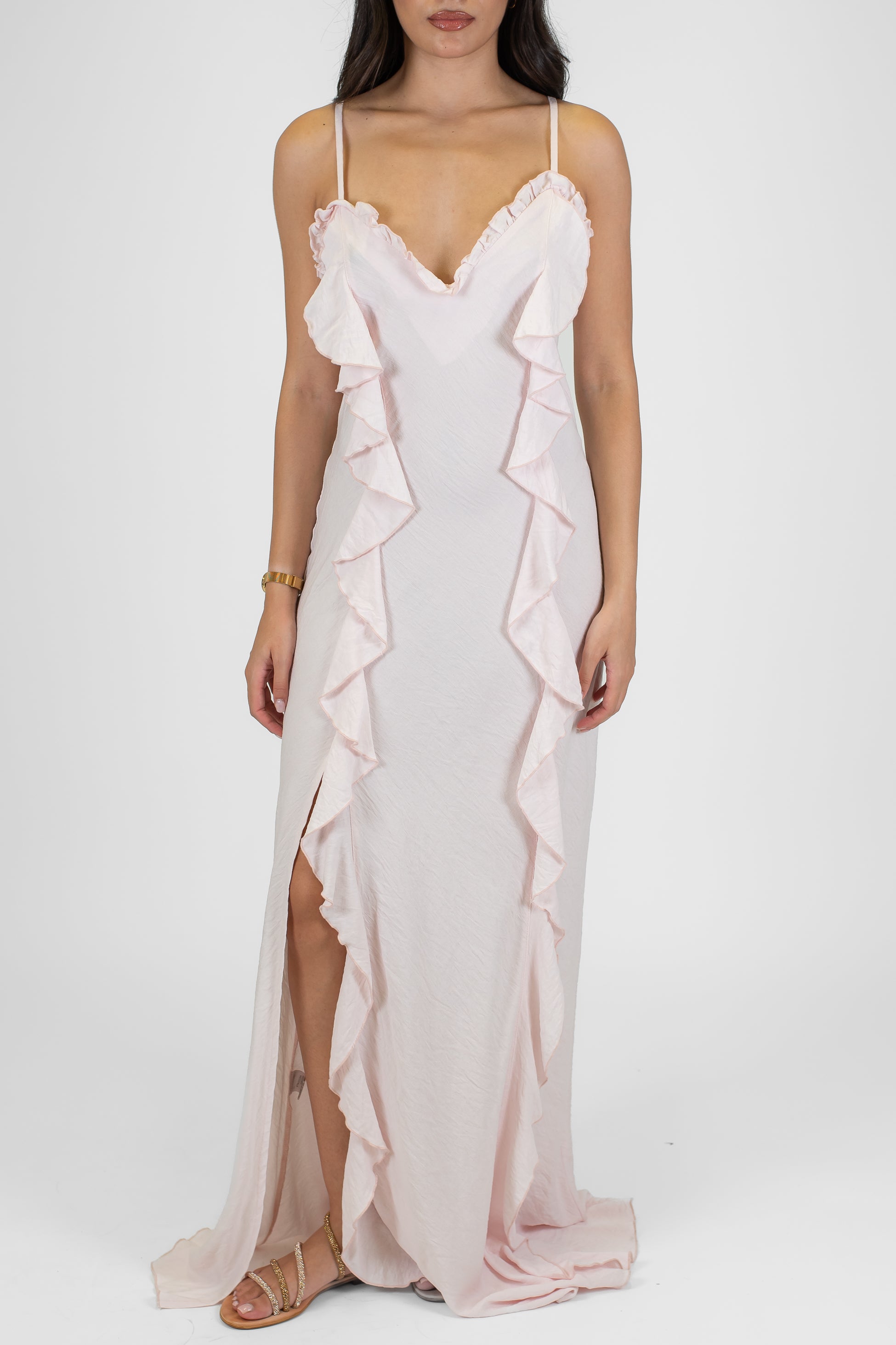 Tensione in - Abito lungo scollo a cuore e rouches in viscosa con spacco laterale