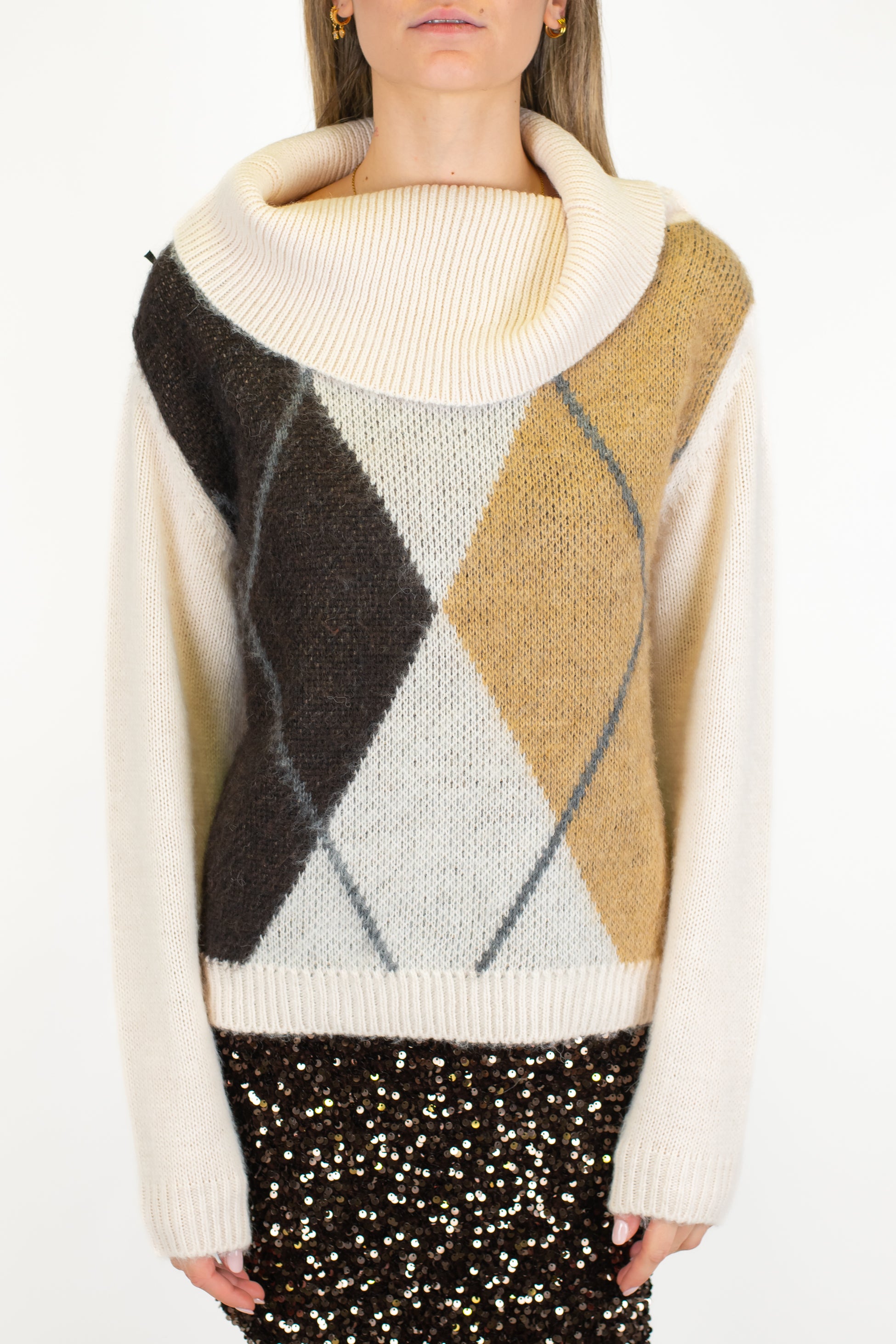Maryley - Dolvevita con collo sciallato fantasia rombi a contrasto in misto lana