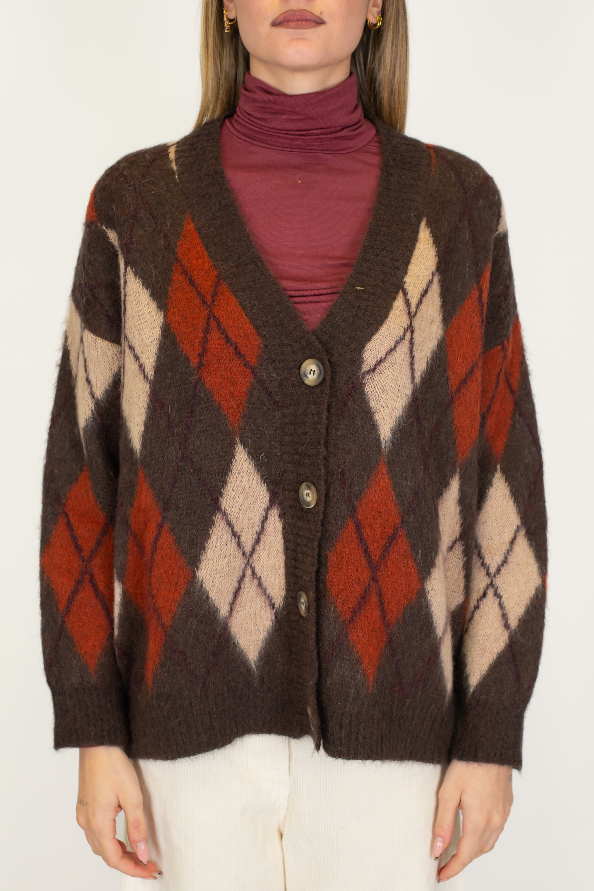 Tensione in - Cardigan over fantasia rombi a contrasto in misto lana