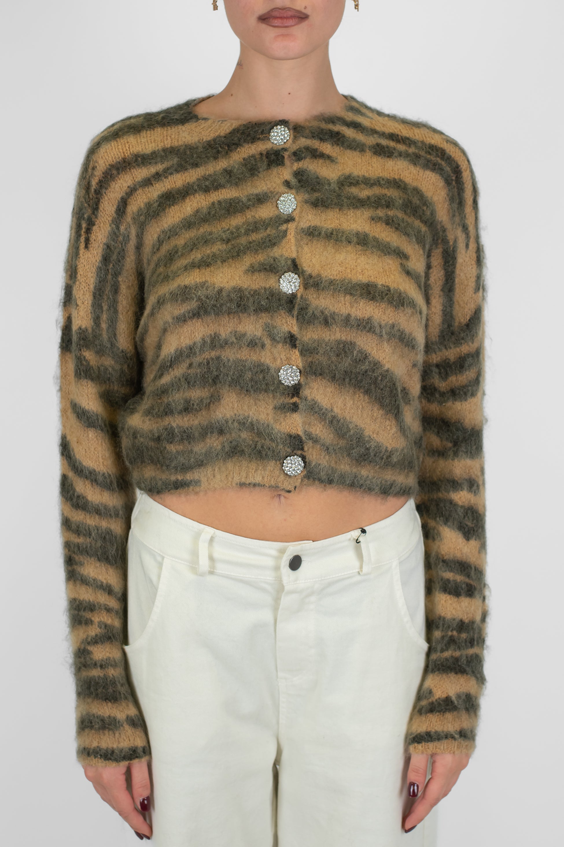 Tensione in - Cardigan girocollo fantasia animalier zebrata in misto lana mohair con bottoni gioiello