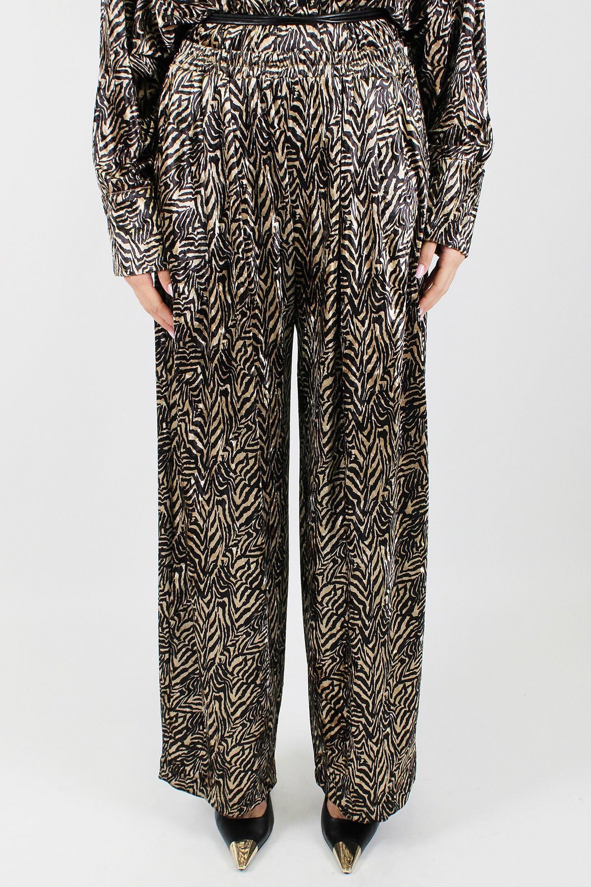 Maryley - Pantalone palazzo in velluto fantasia animalier con elastico in vita