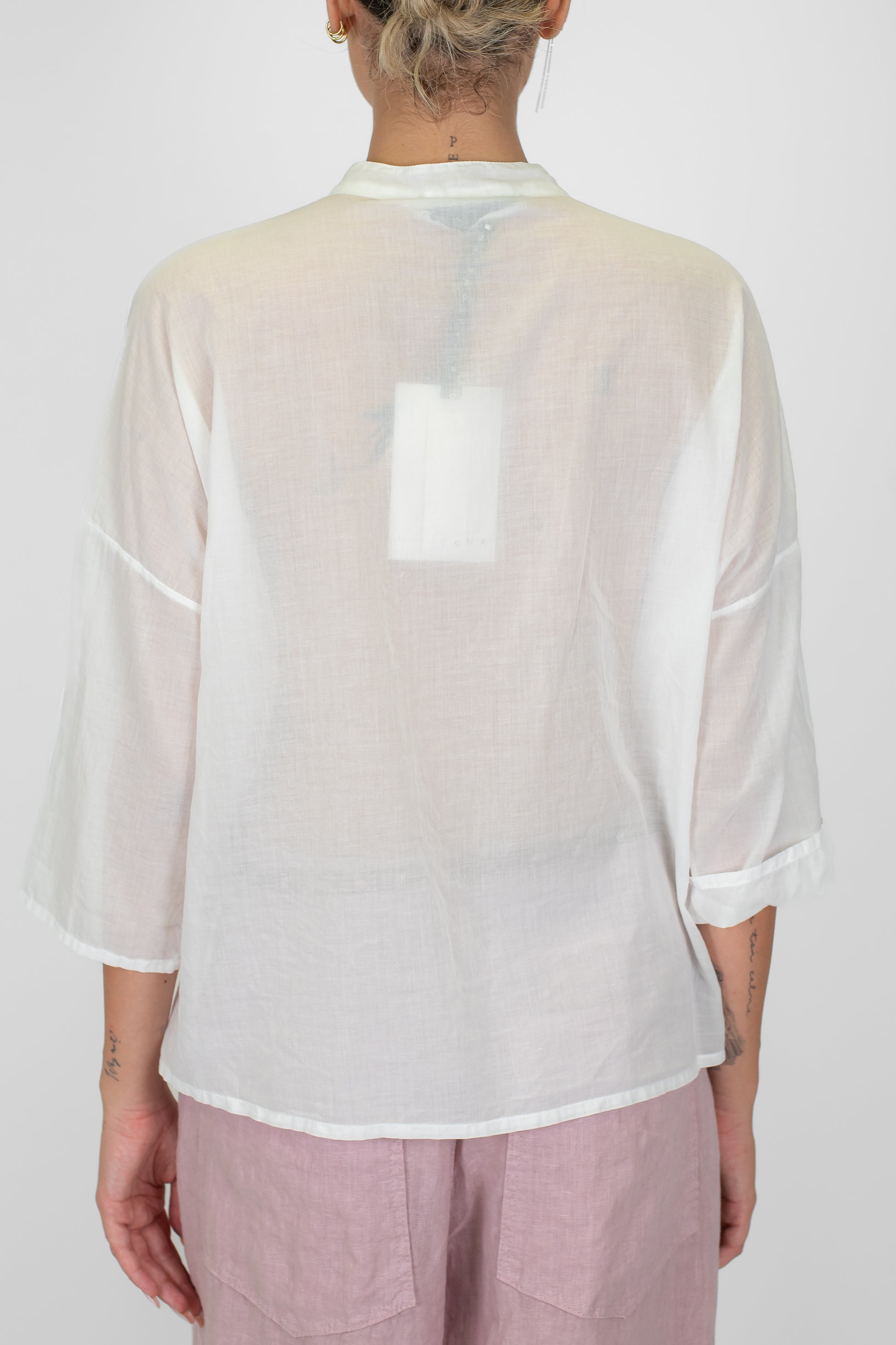 Haveone - Camicia in mussola di cotone con collo coreano e manica tre quarti