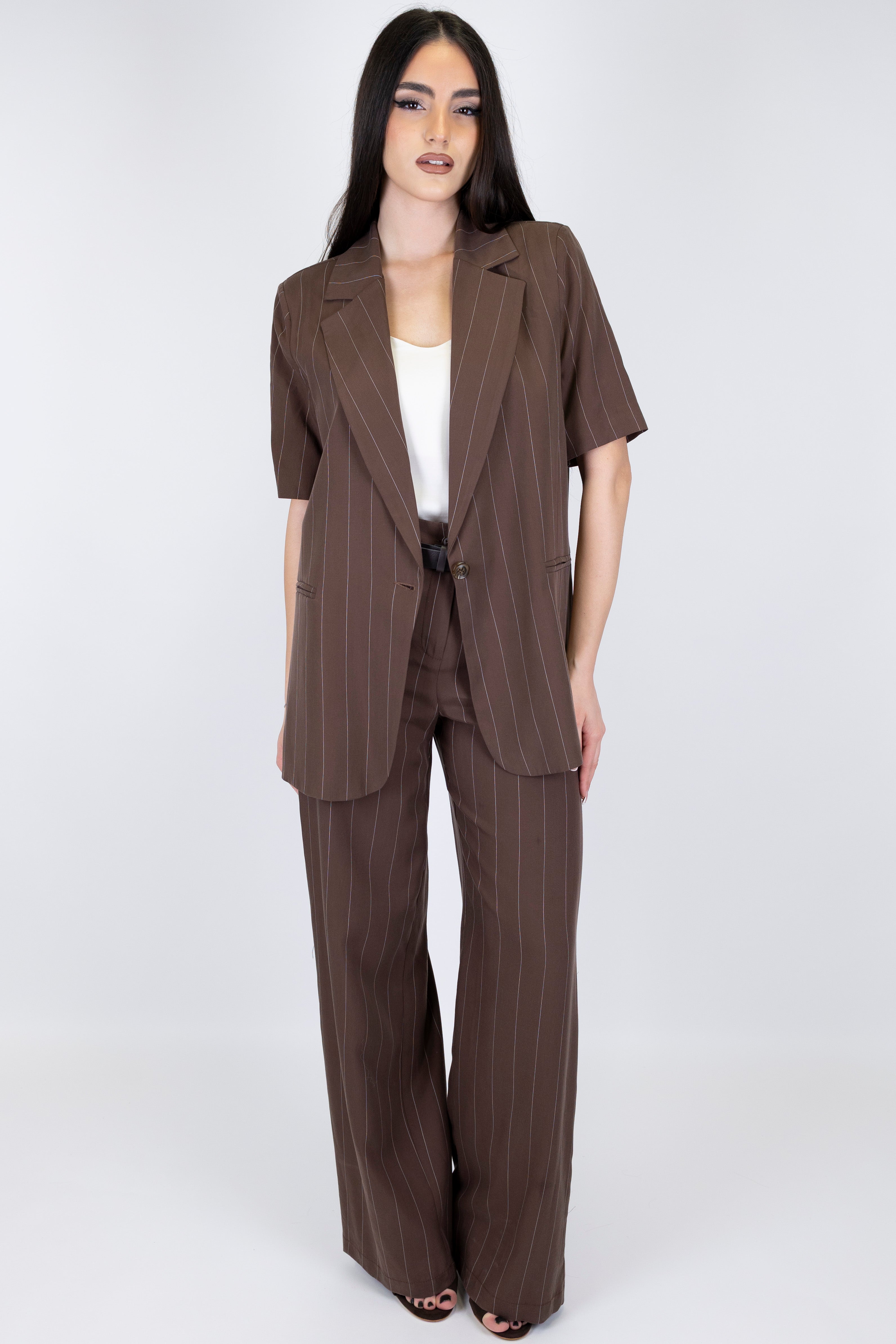 Haveone - Pantalone palazzo gessato in lyocell con elastico sul retro