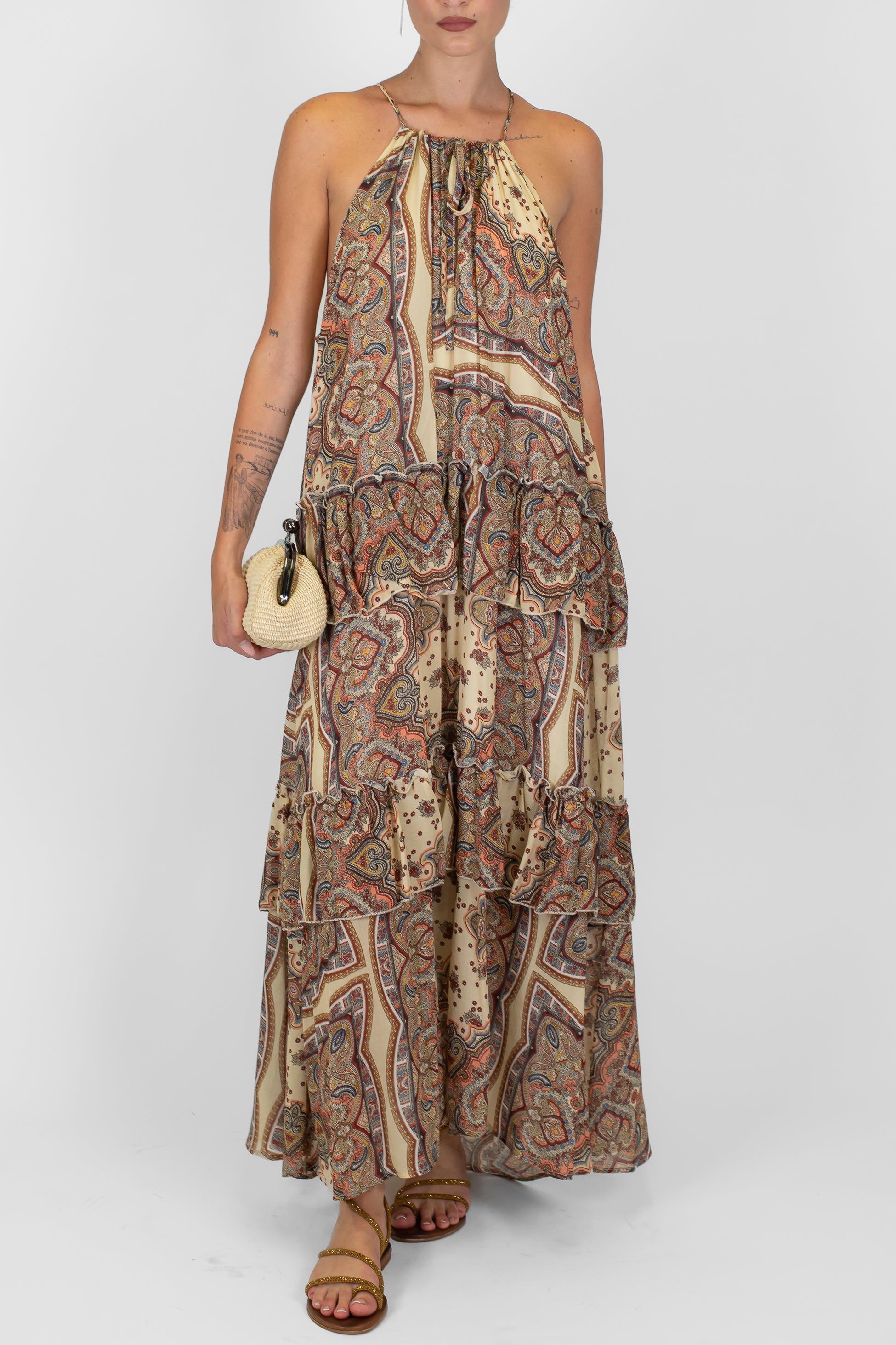 Dixie - Abito lungo scollo americana con balze fantasia