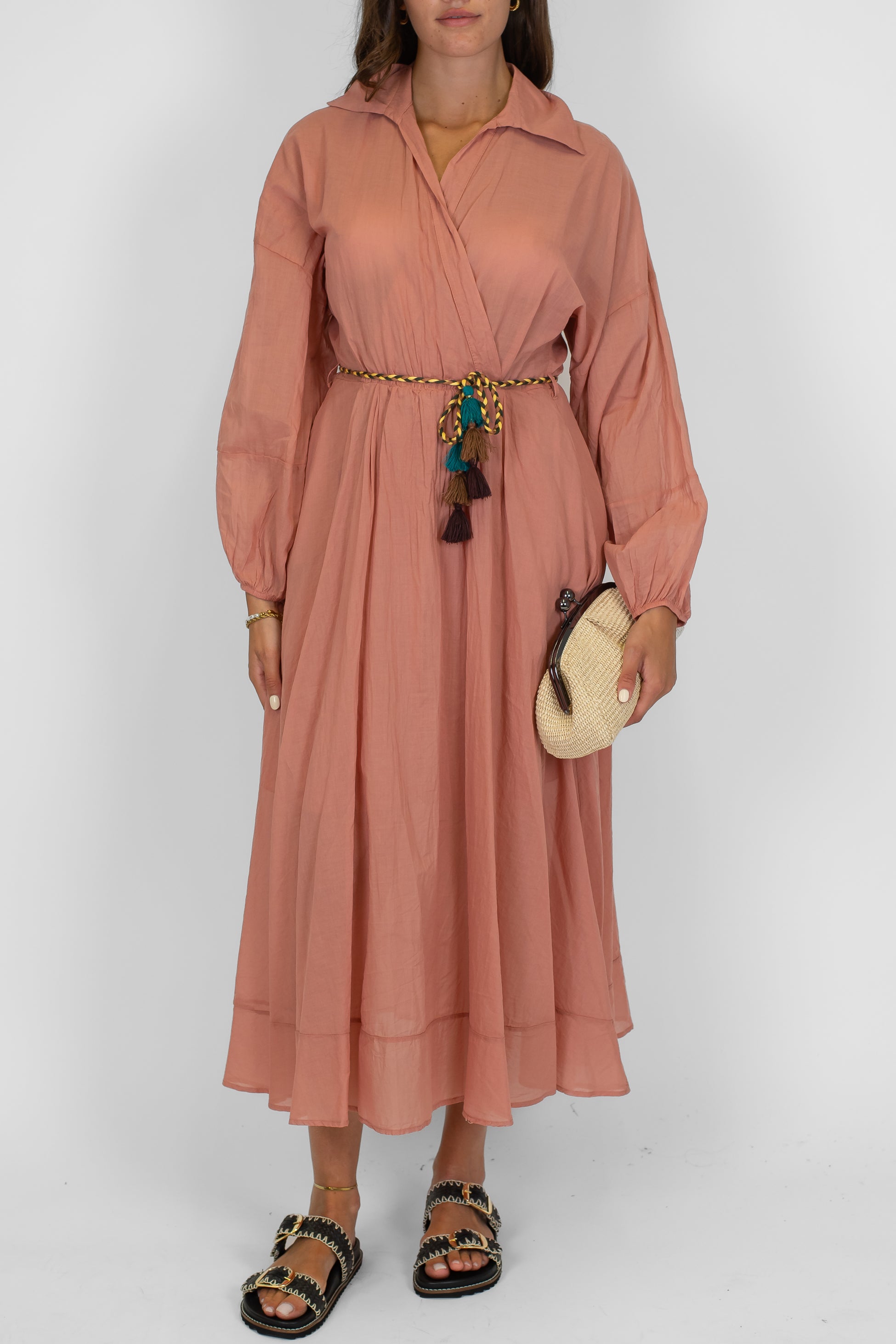 Dixie - Abito lungo ad incrocio in mussola di cotone con manica lunga e cintura in corda