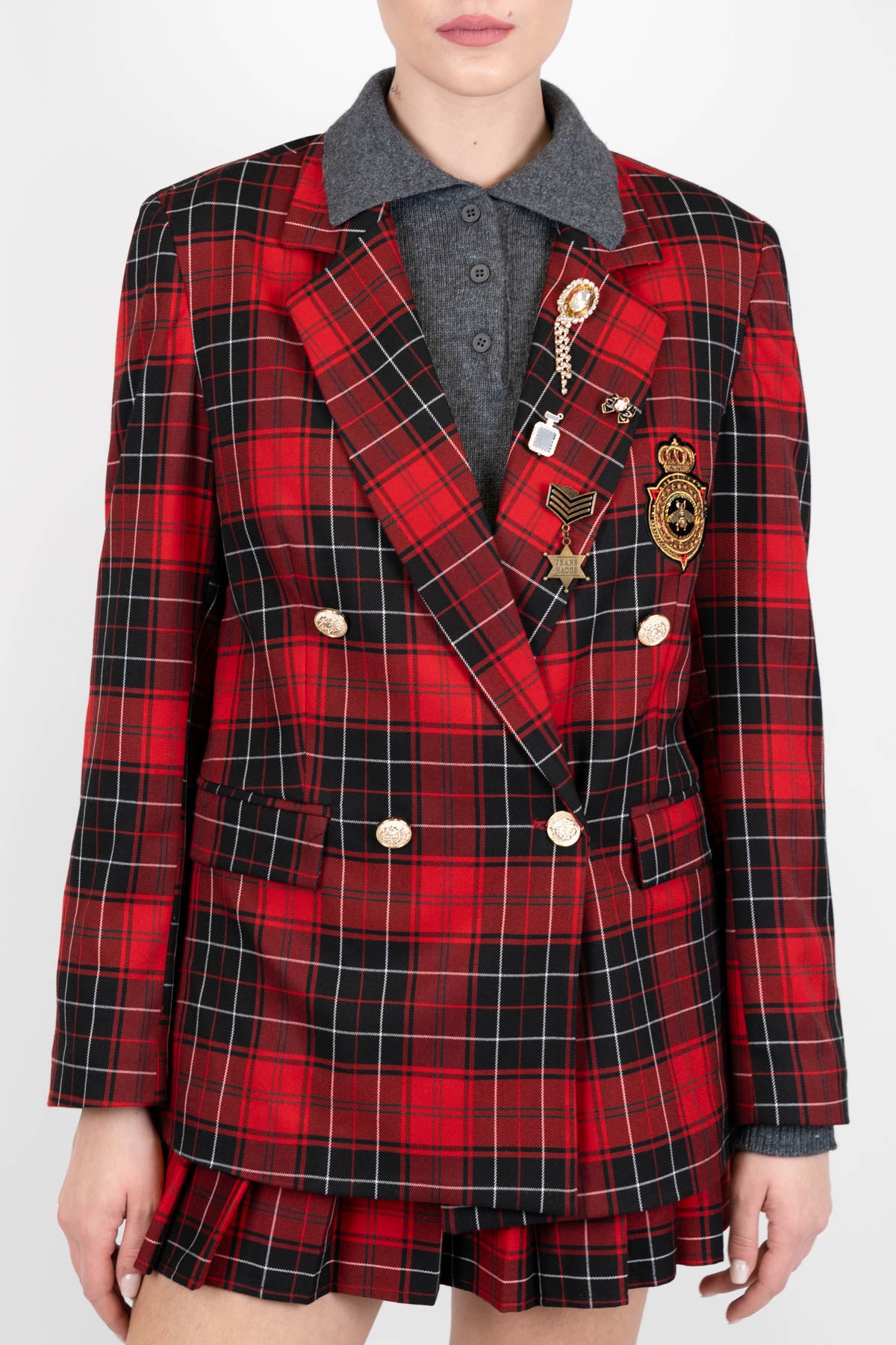Motel - Giacca doppiopetto petto in check con spille e stemmi