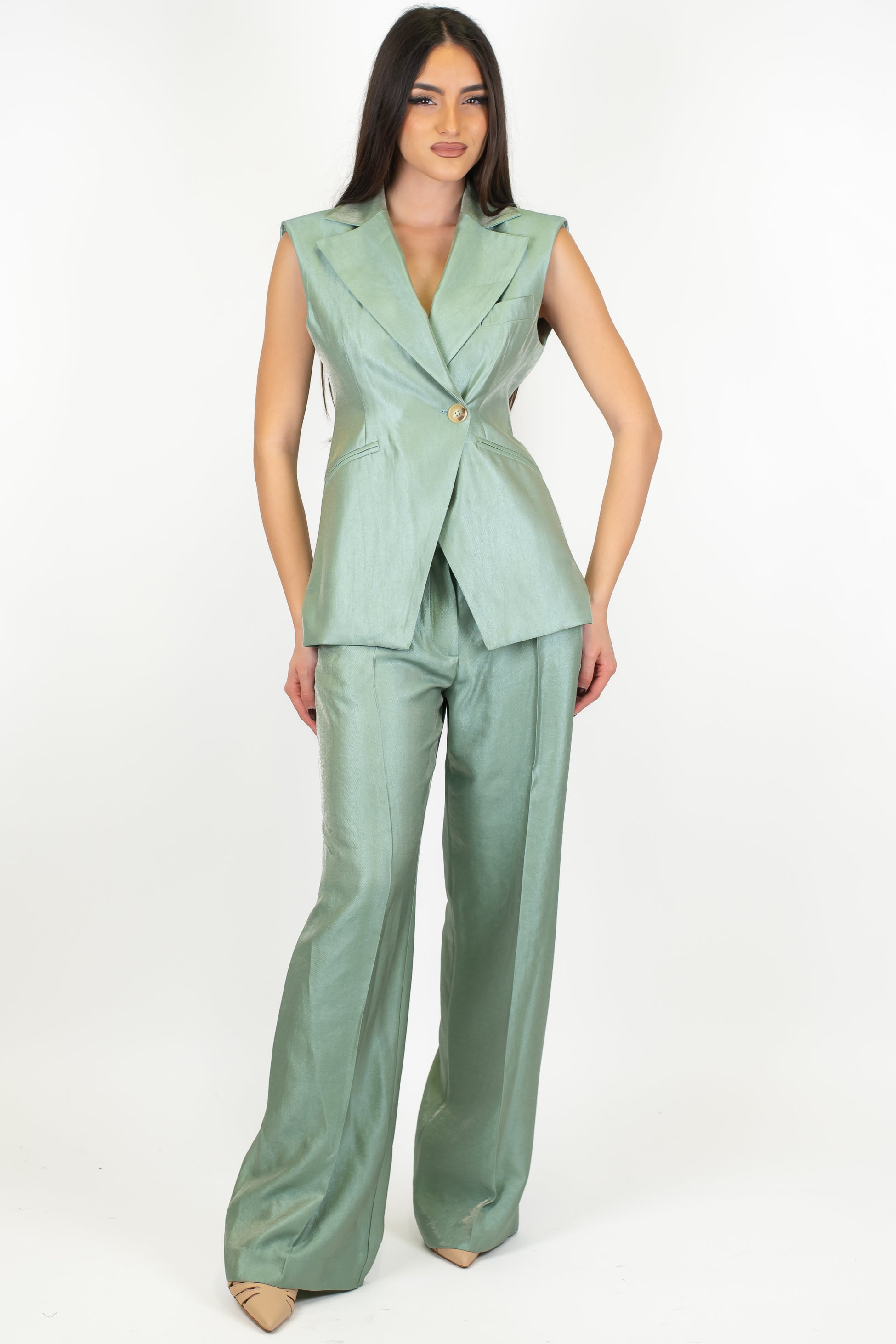 Dixie - Pantalone palazzo effetto laminato con pinces ed elastico sul retro