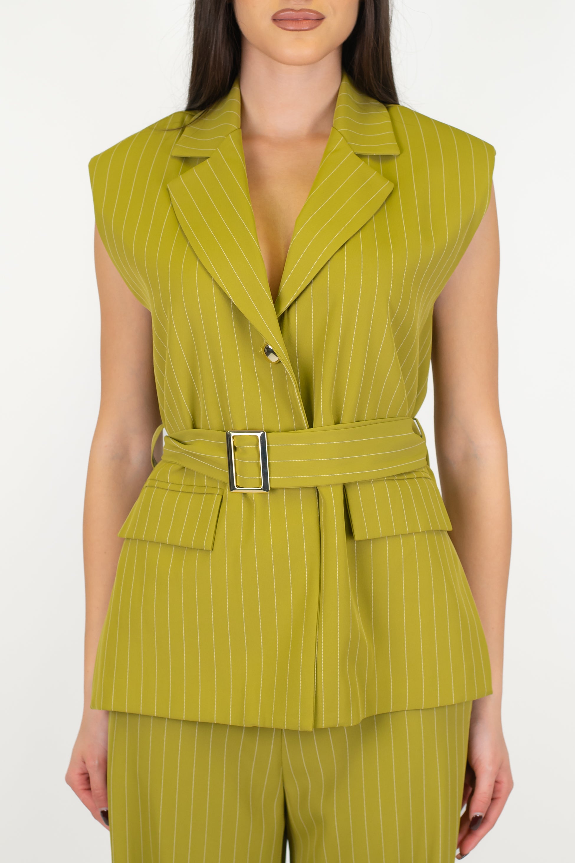 Maryley - Gilet monopetto gessato con spalline e cintura in tessuto