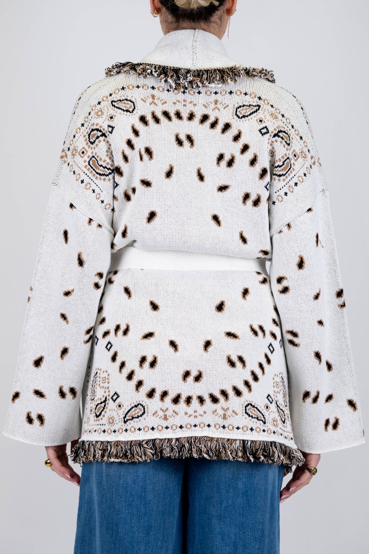 Tensione in - Cardigan fantasia astratta con cintura e profilo con frange