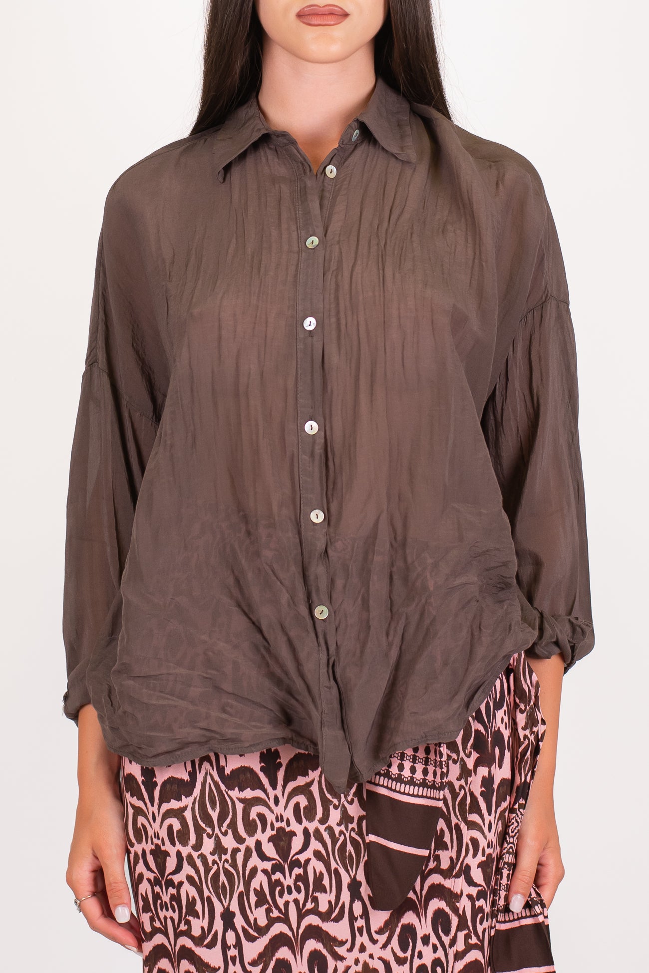 Motel - Camicia tinta unita in mussola di cotone e seta con strigliature
