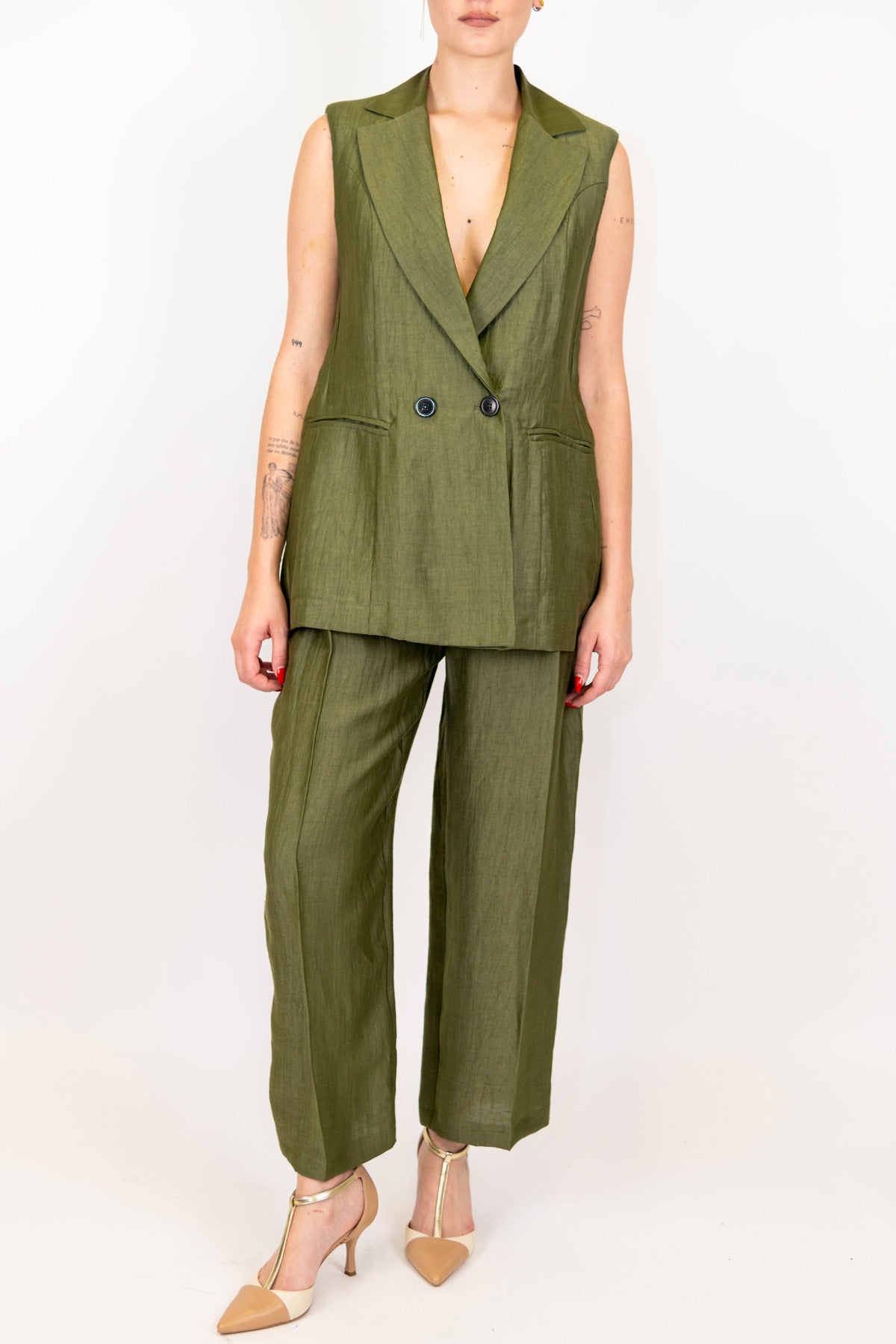 Maryley - Pantalone regular in misto lino con pinces e cintura in tessuto