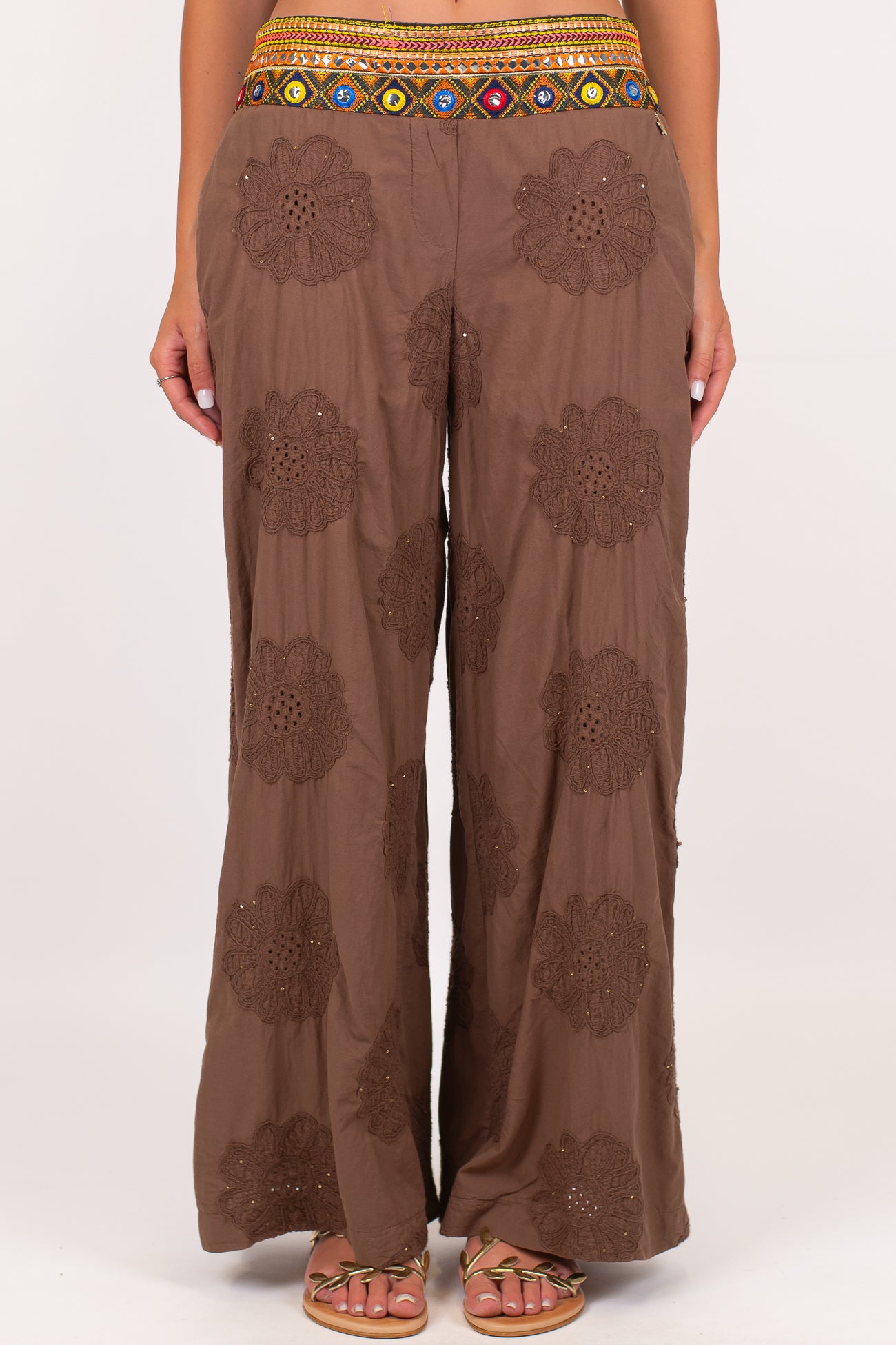 Souvenir - Pantalone in cotone con ricami e micropaillettes ed elastico dietro