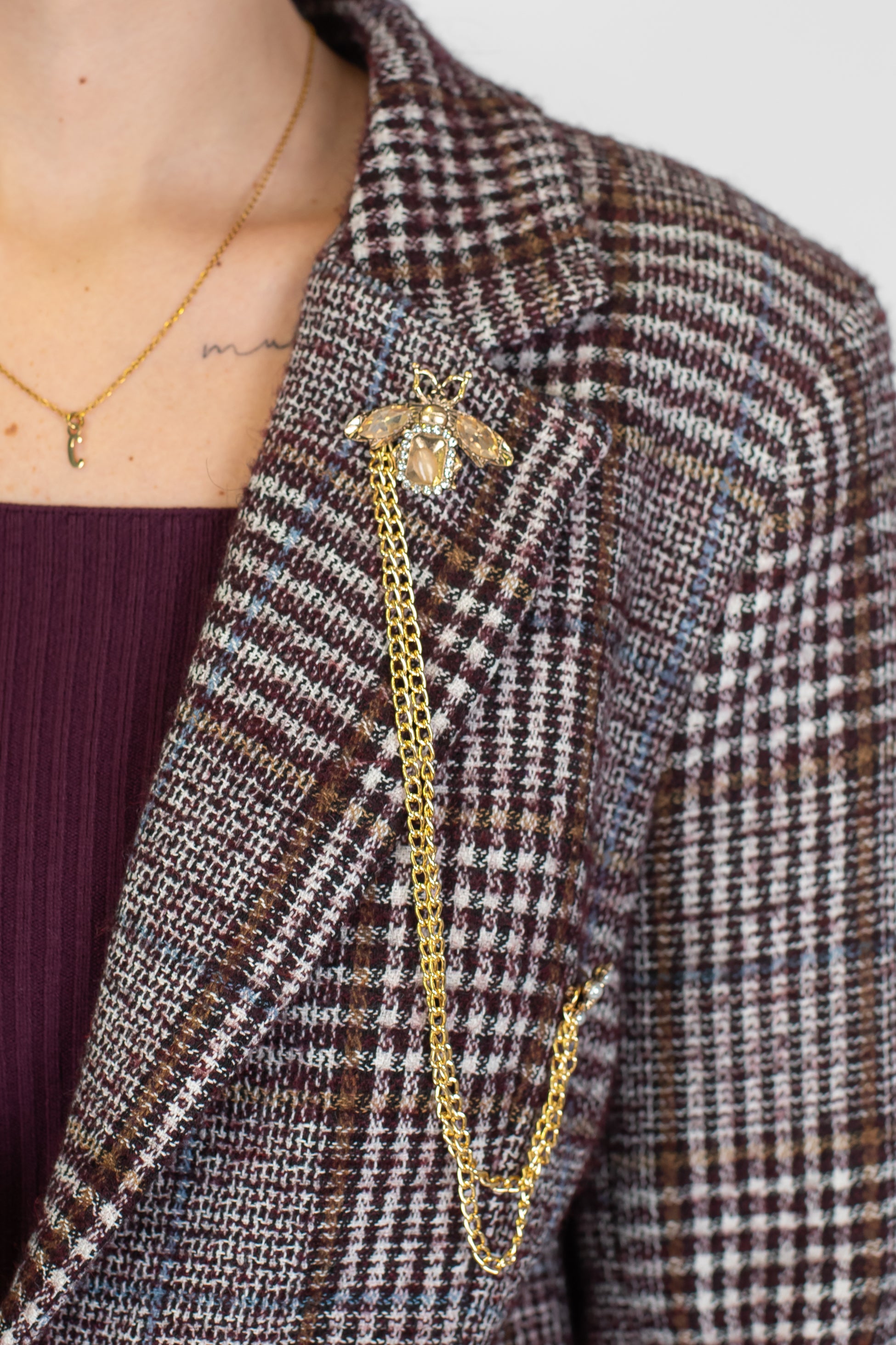 Motel - Giacca fantasia principe di galles in misto lana con spilla