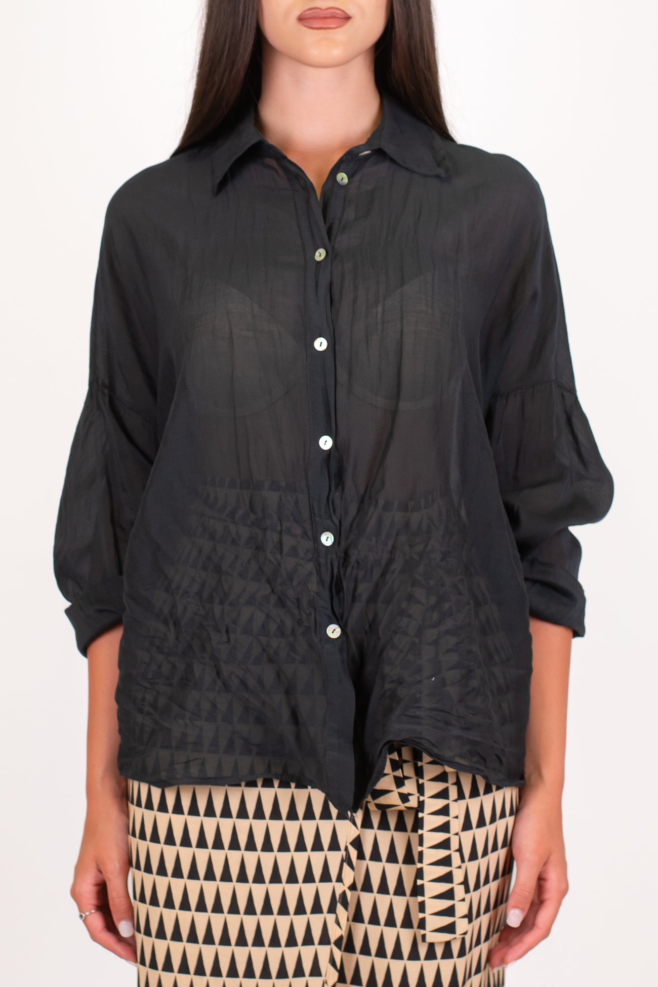 Motel - Camicia tinta unita in mussola di cotone e seta con strigliature