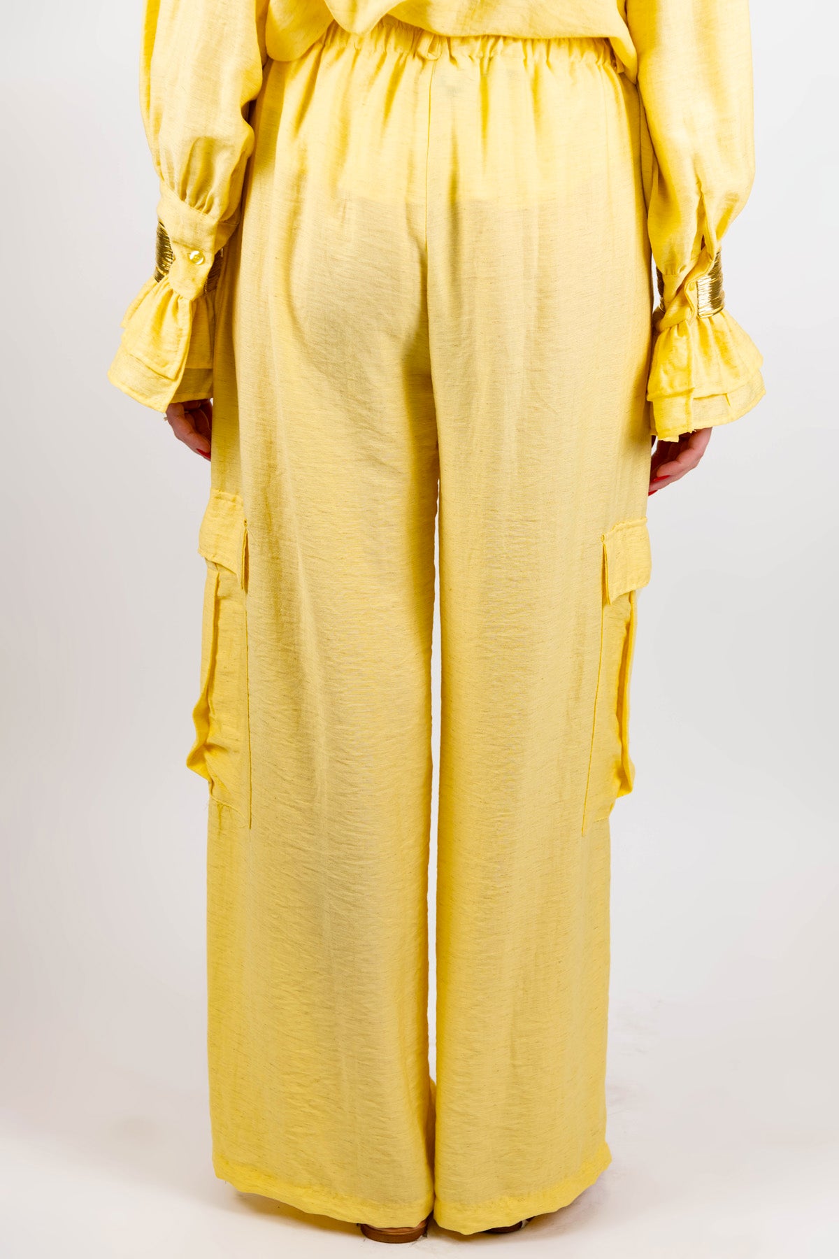 Haveone - Pantalone cargo palazzo in misto lino con elastico in vita