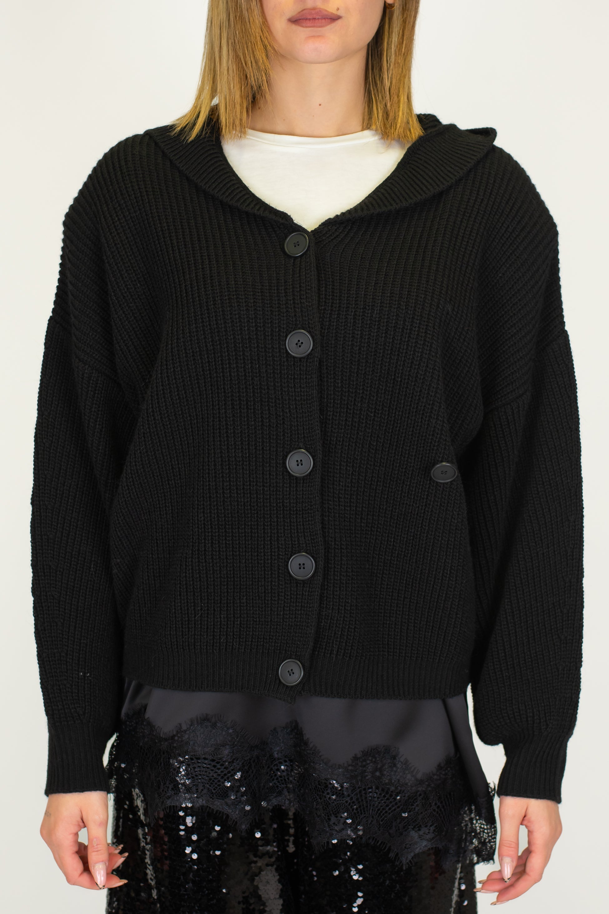 Haveone - Cardigan a costine in misto lana con spalline e cappuccio