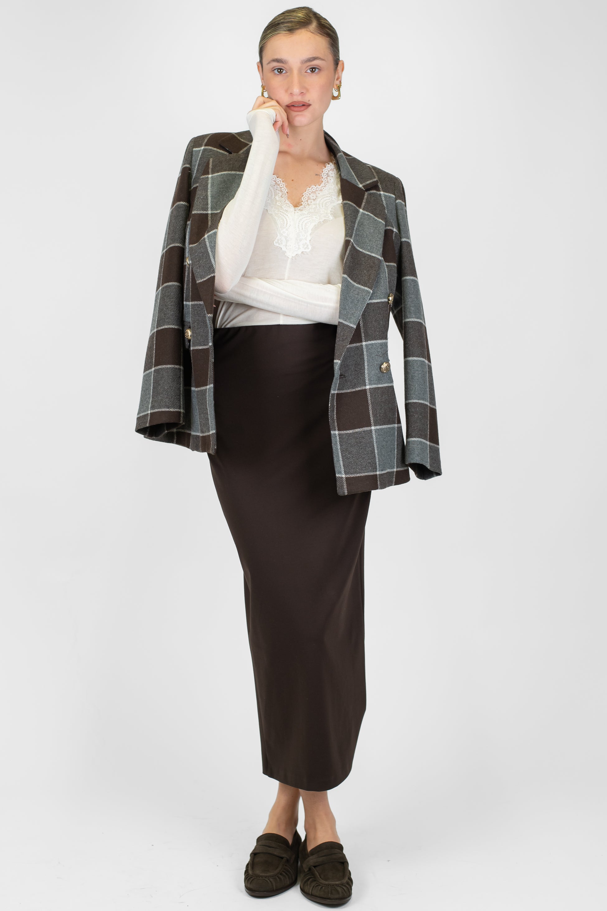 Tensione in - Gonna tubino con spacco in punto milano