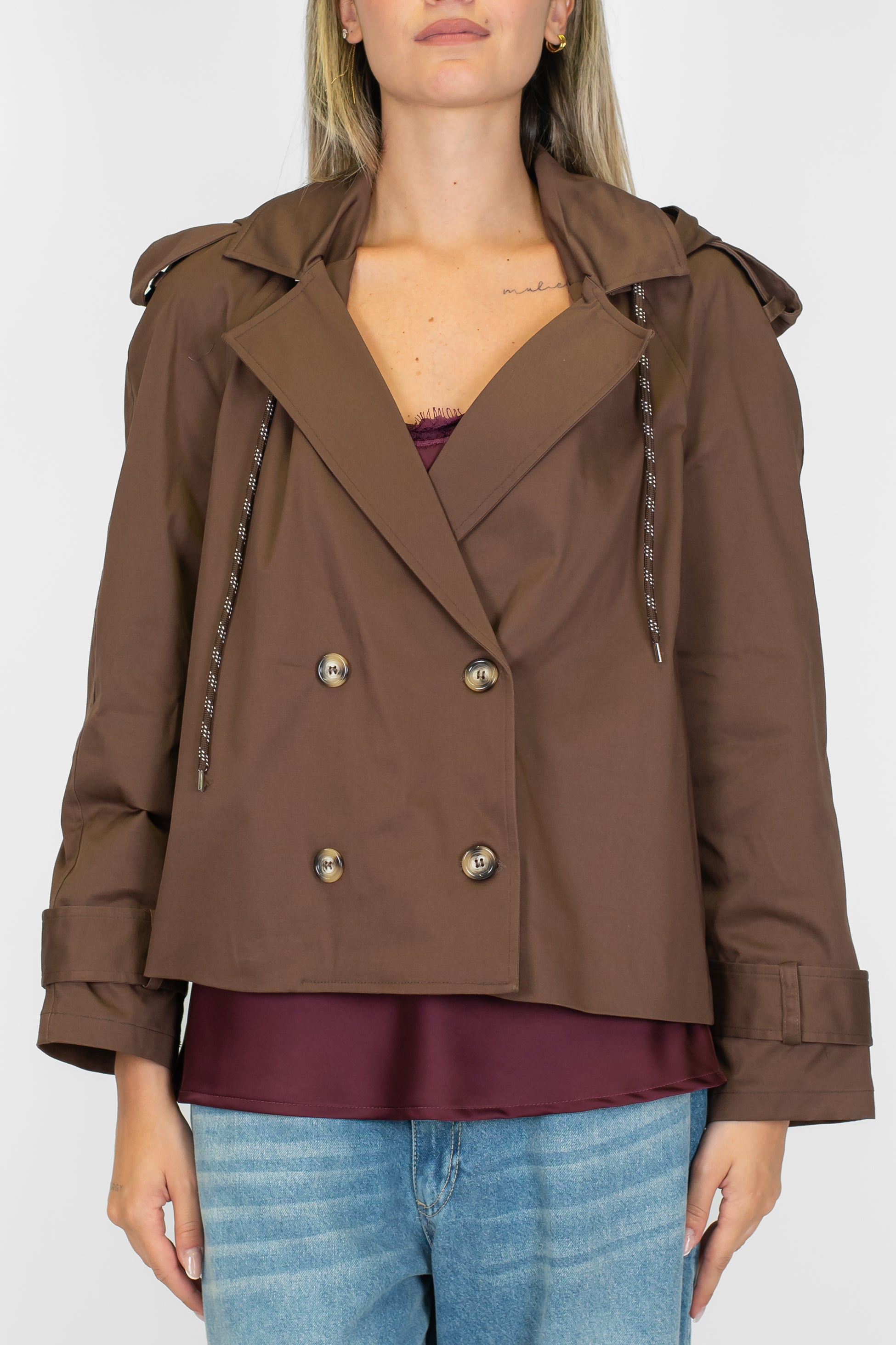 Motel - Trench corto doppiopetto con cappuccio e lacci