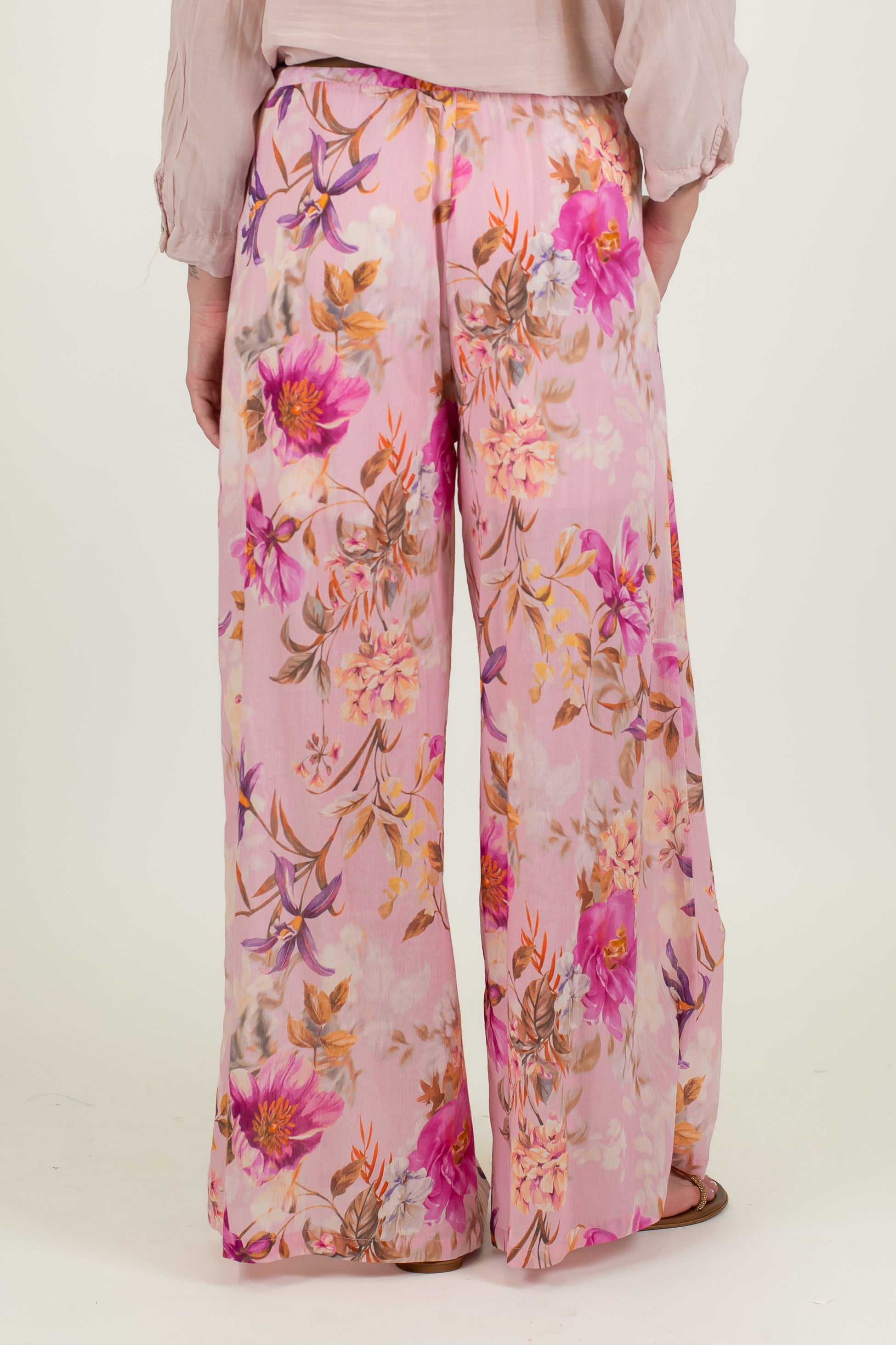 Motel - Pantalone palazzo fantasia floreale in mussola di cotone con elastico in vita