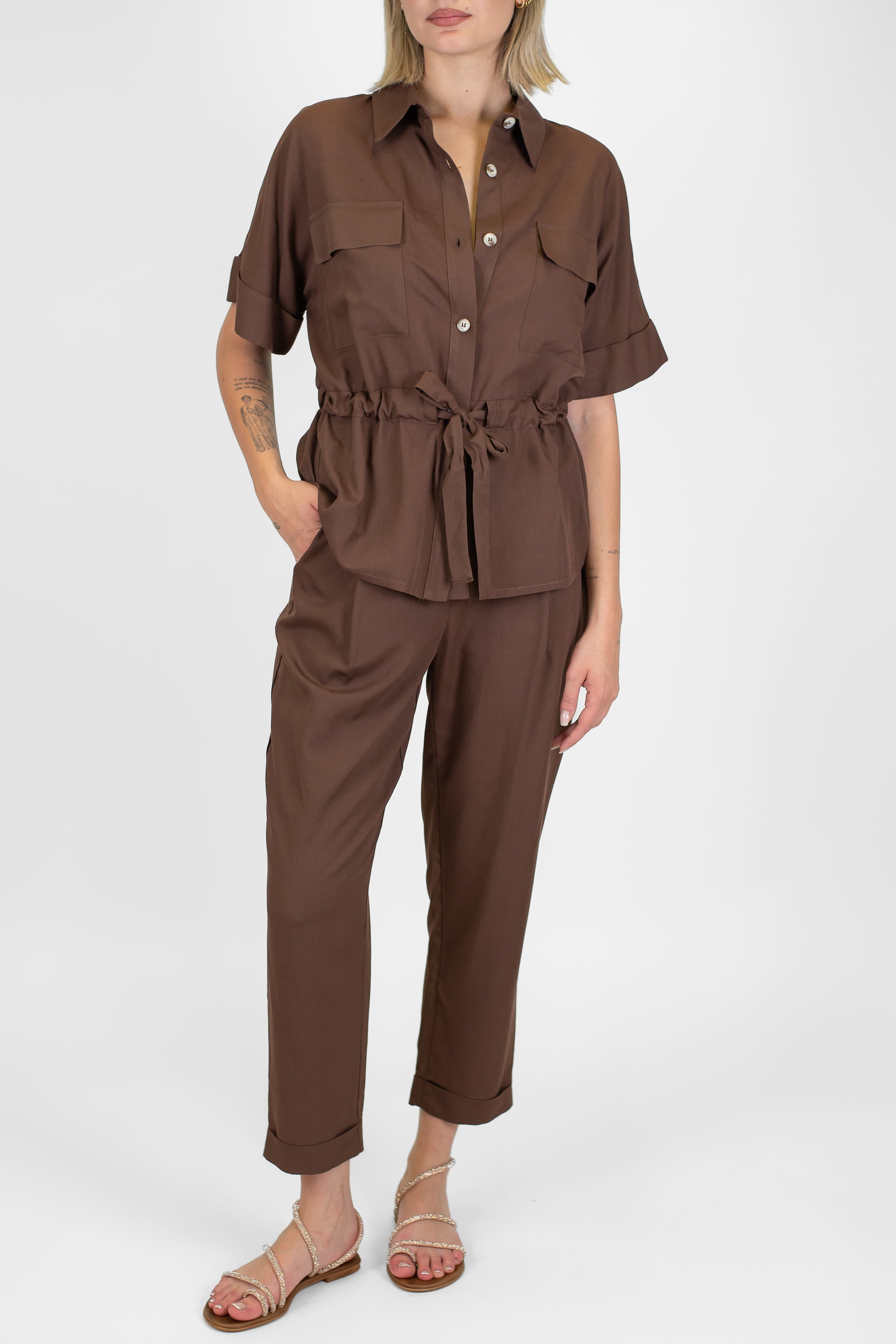 Motel - Coordinato camicia e pantalone in misto lino con elastico con in vita