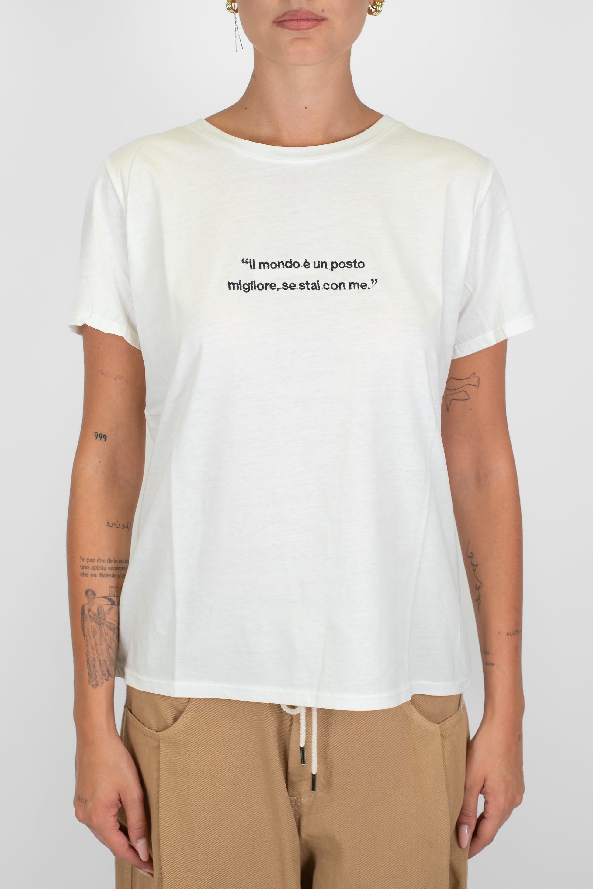 Haveone - T-shirt in cotone con scritta ricamata a contrasto