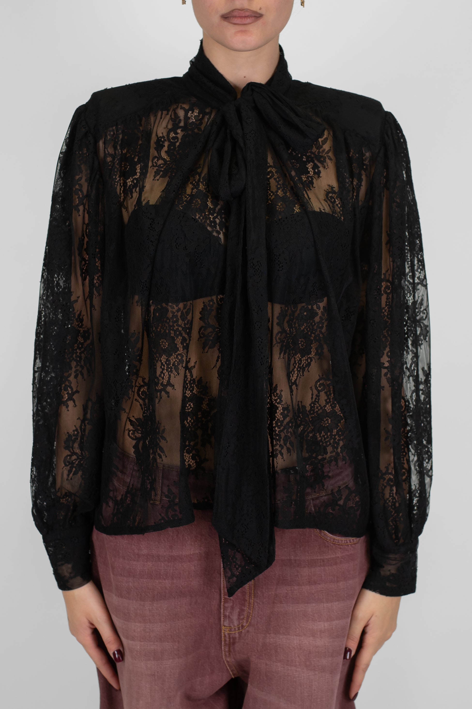 Motel - Blusa in pizzo con fiocco al collo e spalline