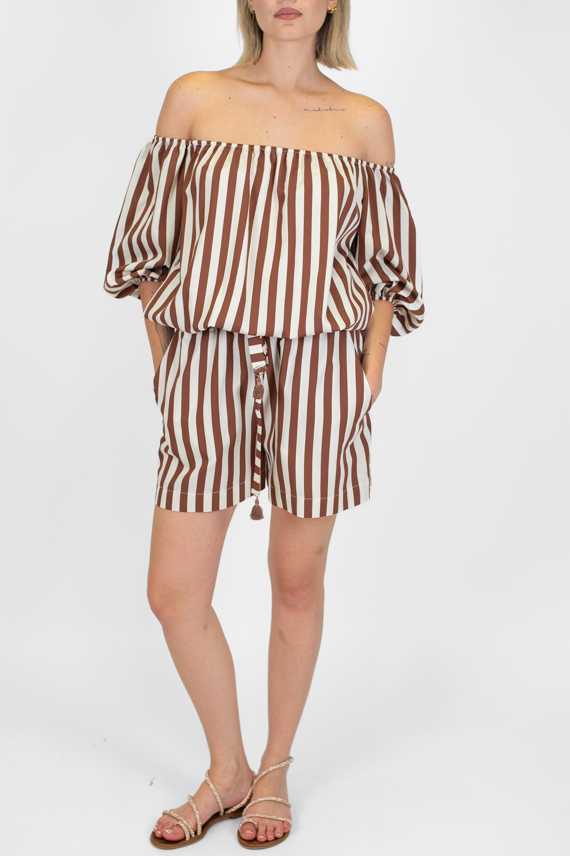 Motel - Shorts fantasia righe in viscosa leggera con coulisse