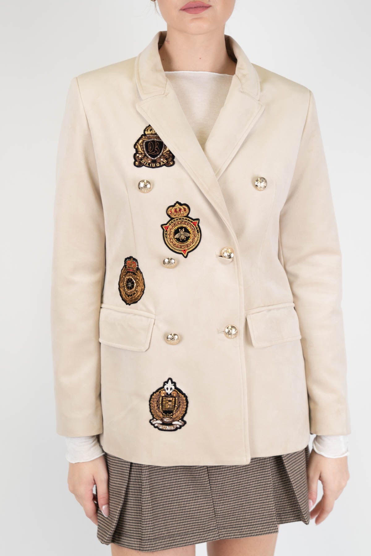 Tensione in - Giacca doppiopetto in velluto con patch