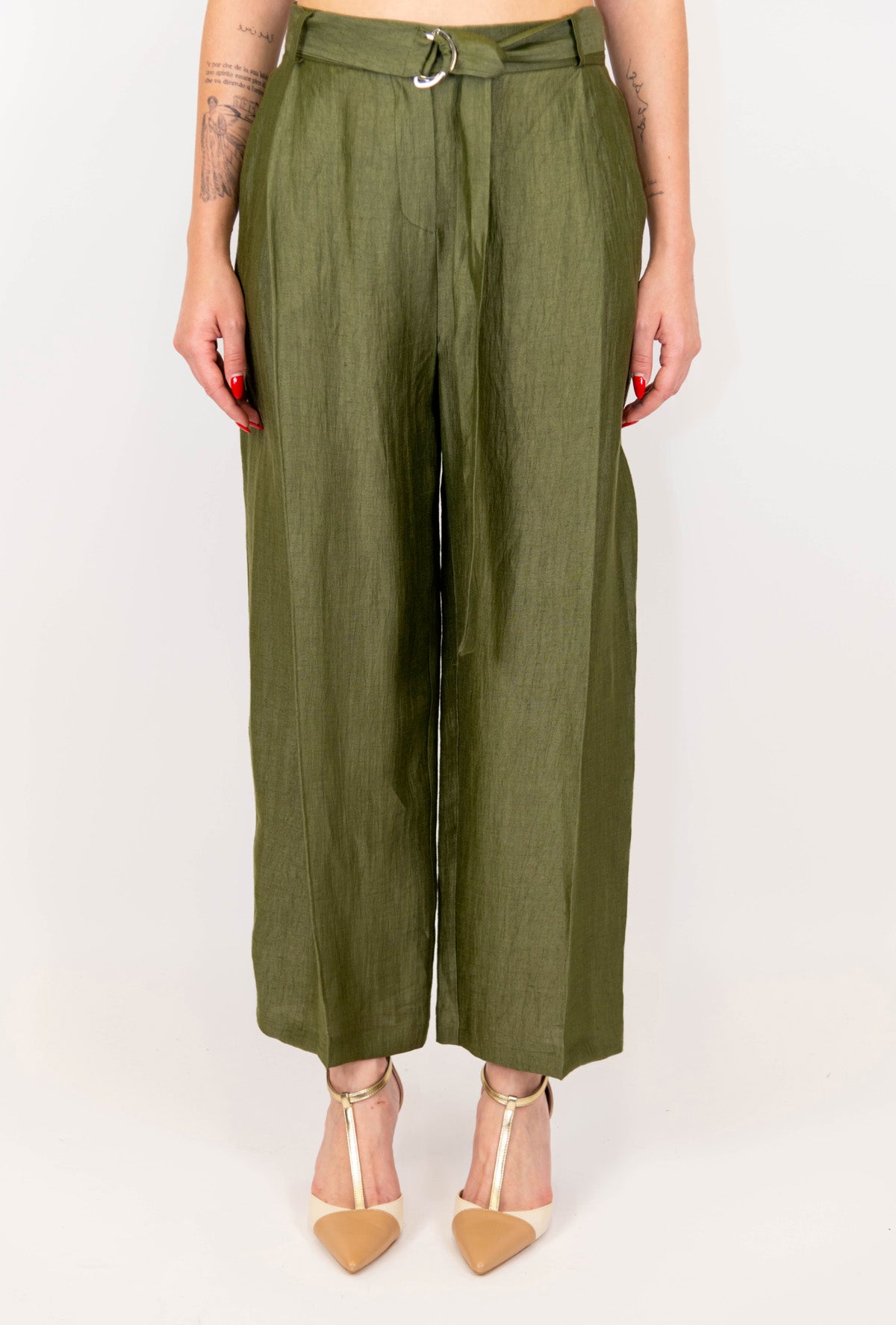 Maryley - Pantalone regular in misto lino con pinces e cintura in tessuto